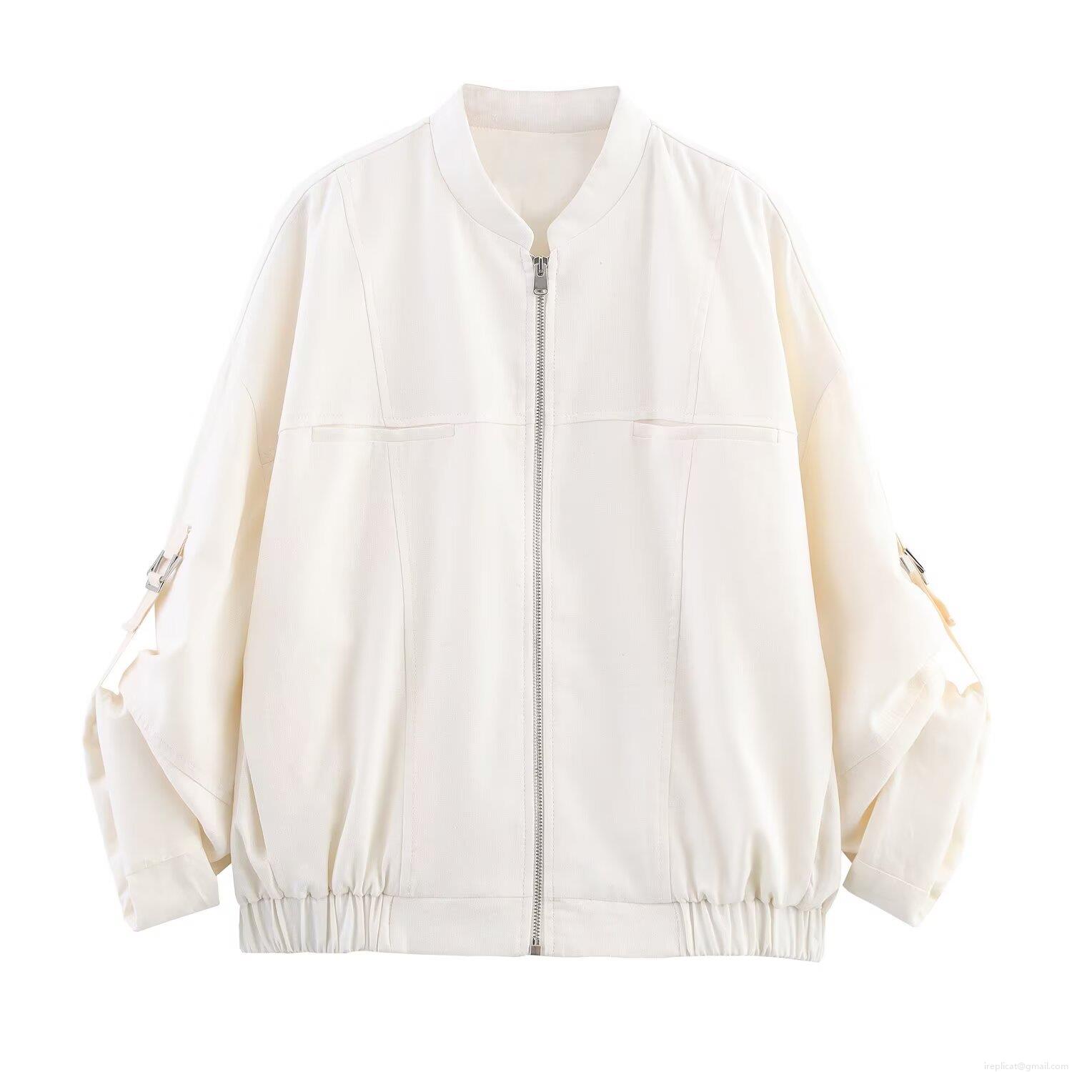 Women's Casual Cotton Linen Jacket Loose Long Sleeve Stand Collar Zip Up Lightweight Outerwear For Summer Spring Daily Fashion Plain Cream White