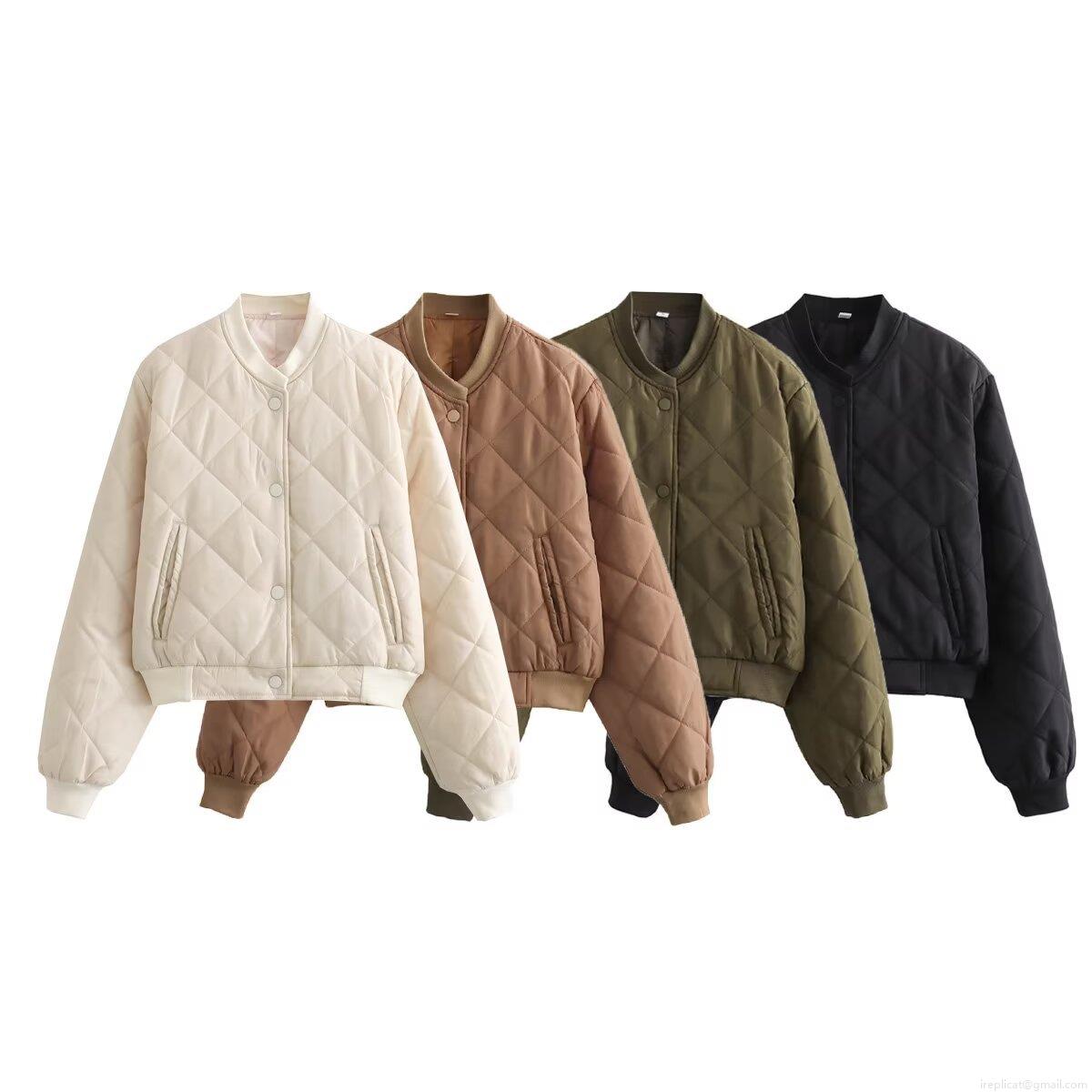 Women's Casual Diamond Quilted Jacket Lightweight Polyester Padded Bomber Coat With Stand Collar Solid Color Windproof Outerwear For Daily Autumn Winter