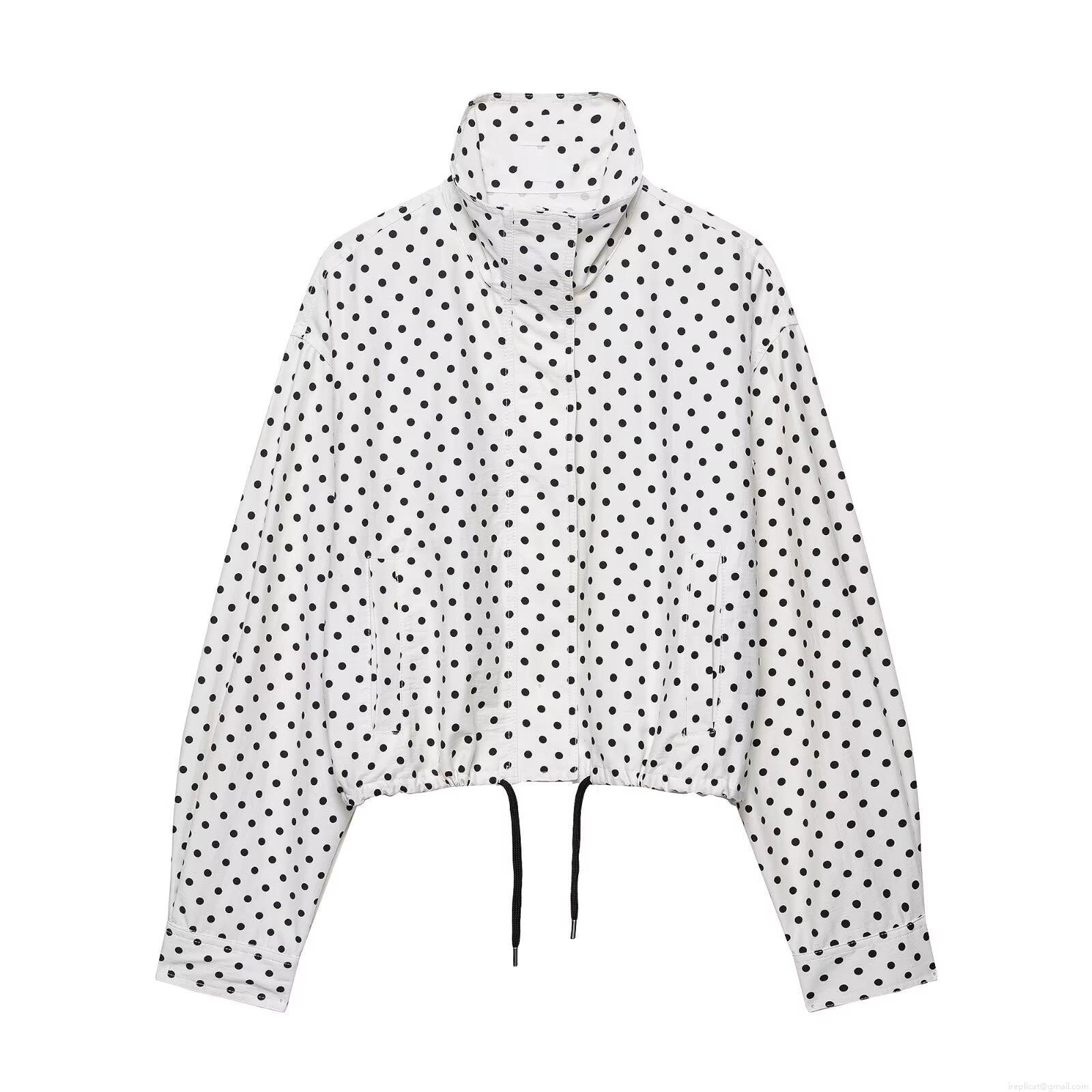Women Fashion Polka Dot Stand Collar Jacket And Shorts Casual Loose Long Sleeve Zipper Coat With Pockets Summer Polyester Blend Outfit For Women