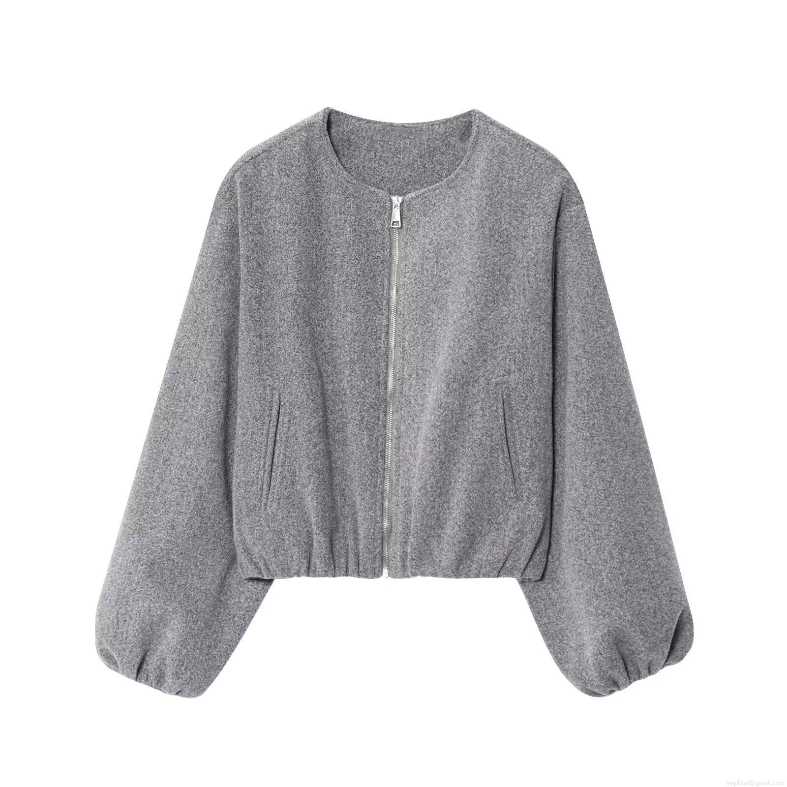 Women's Casual Bomber Jacket Soft Woolen Fabric Zipper Up Round Neck Lantern Sleeve Short Coat Autumn Winter Solid Color Minimalist Ladies Outerwear