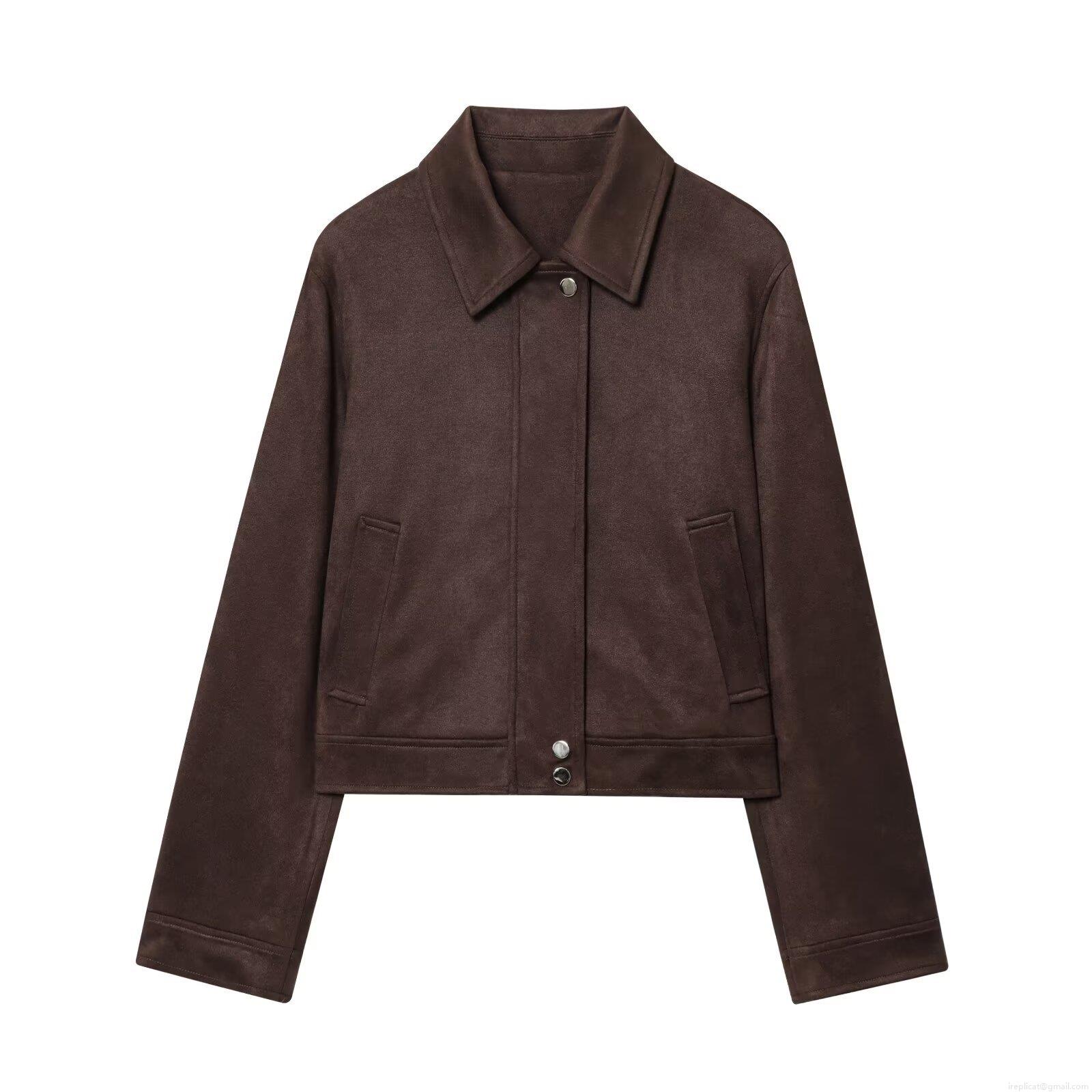 Women's Fashion Faux Suede Short Jacket Casual Solid Color Lapel Single Breasted Outerwear Long Sleeve Button Down Coat For Women Autumn Winter