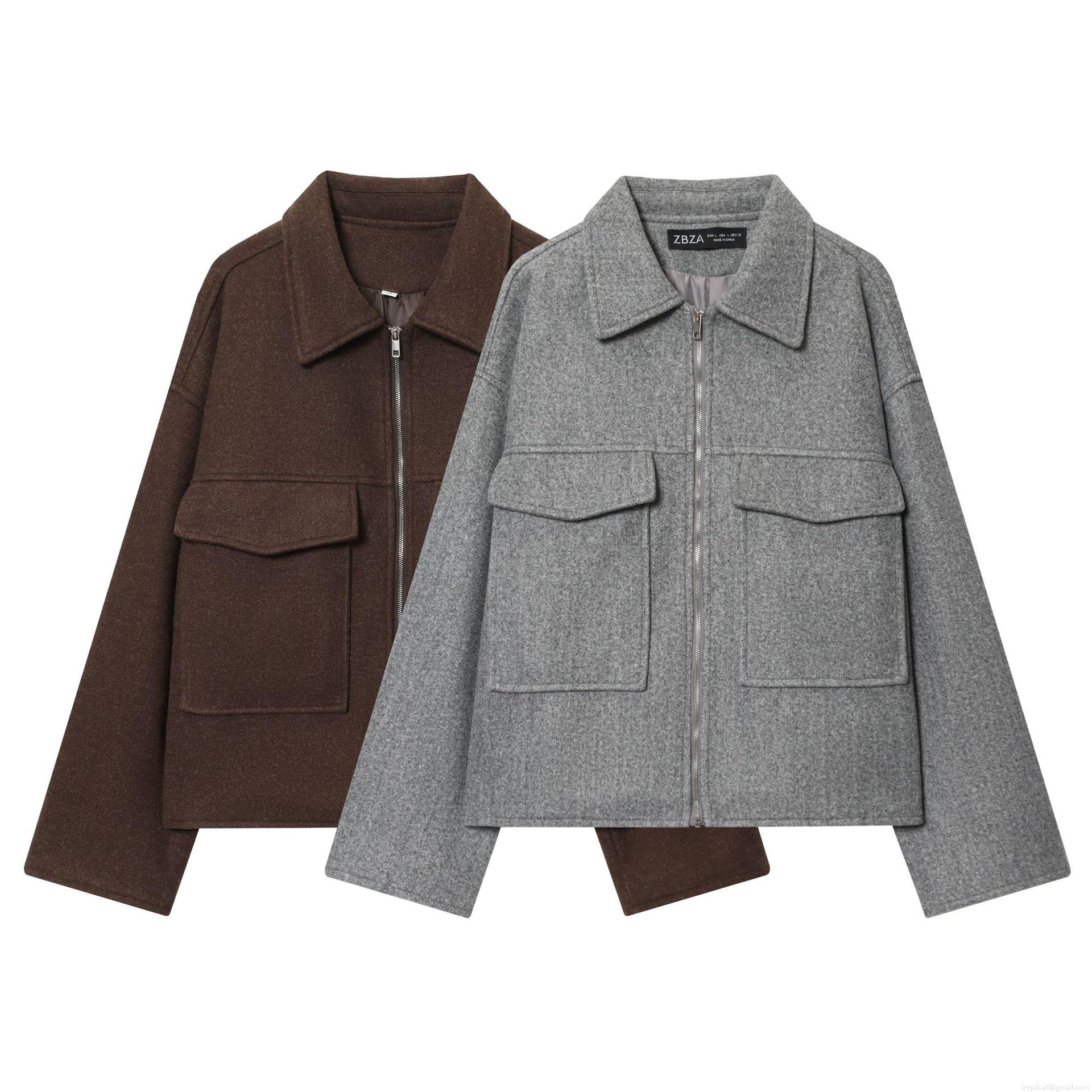 Women Retro French Style Woolen Jacket Solid Color Zipper Lapel Coat With Large Pockets Casual Long Sleeve Warm Outwear For Winter Autumn