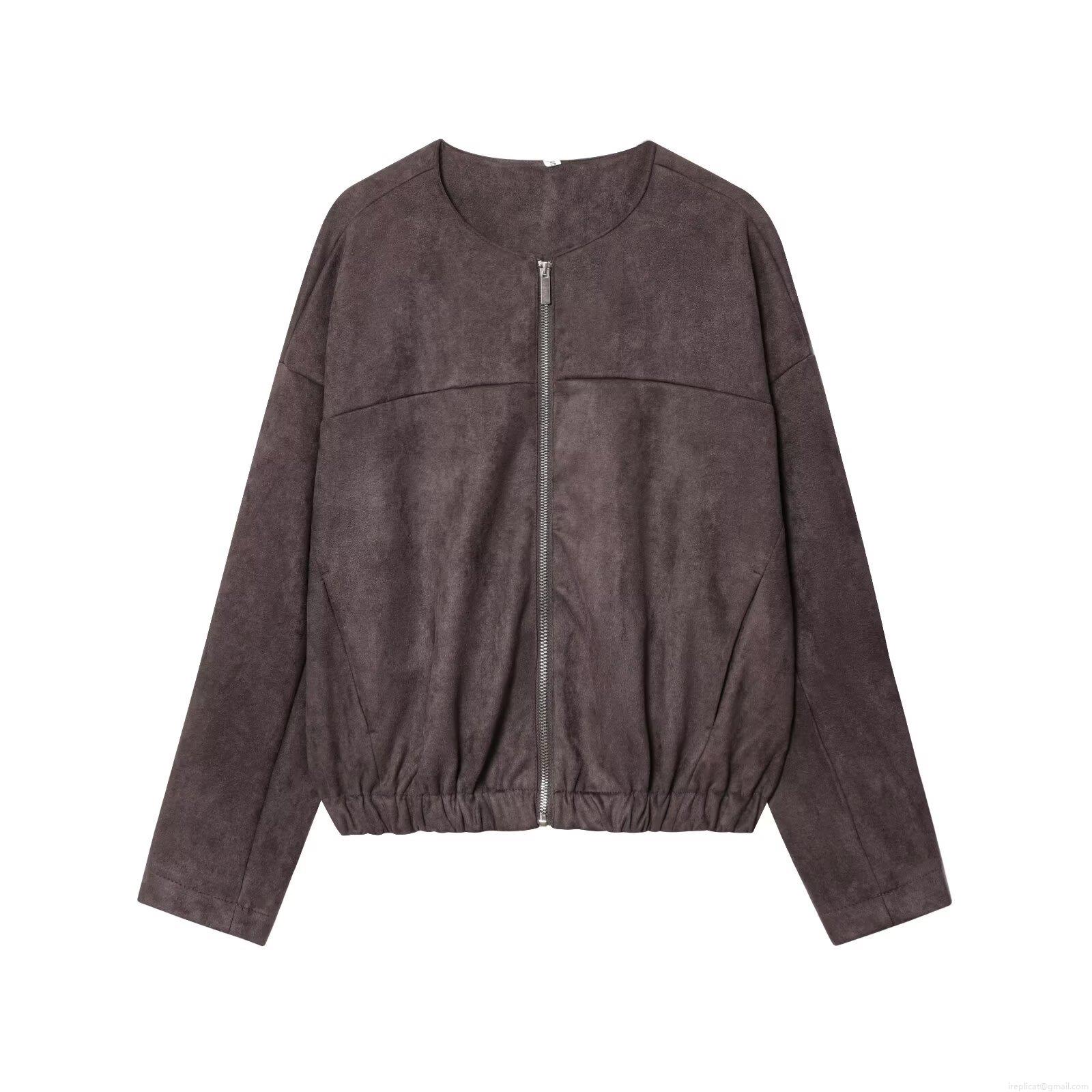 Fashion Women's Casual Faux Suede Jacket Loose Fit Round Neck Long Sleeve Zipper Closure Coat Solid Color Distressed Autumn Winter Outwear