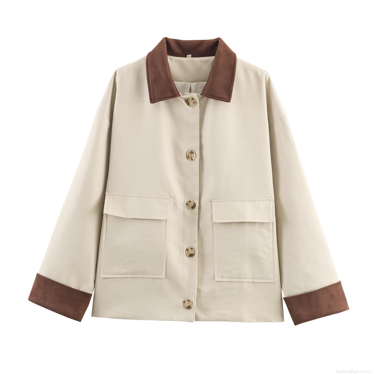 French Vintage Women Fashion Khaki Color Block Jacket Windbreaker Polyester Suede Trim Turn-down Collar Patch Pockets Single Breasted Casual Outerwear