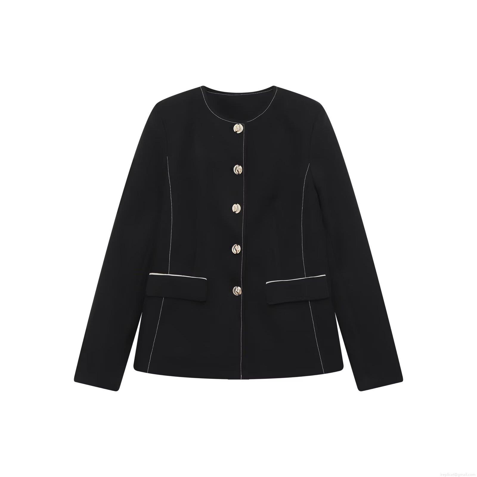 Women's Elegant Black Round Neck Jacket Slim Fit Outerwear With White Contrast Stitching And Gold Metal Buttons For Office Daily Autumn Lady Blazer Coat