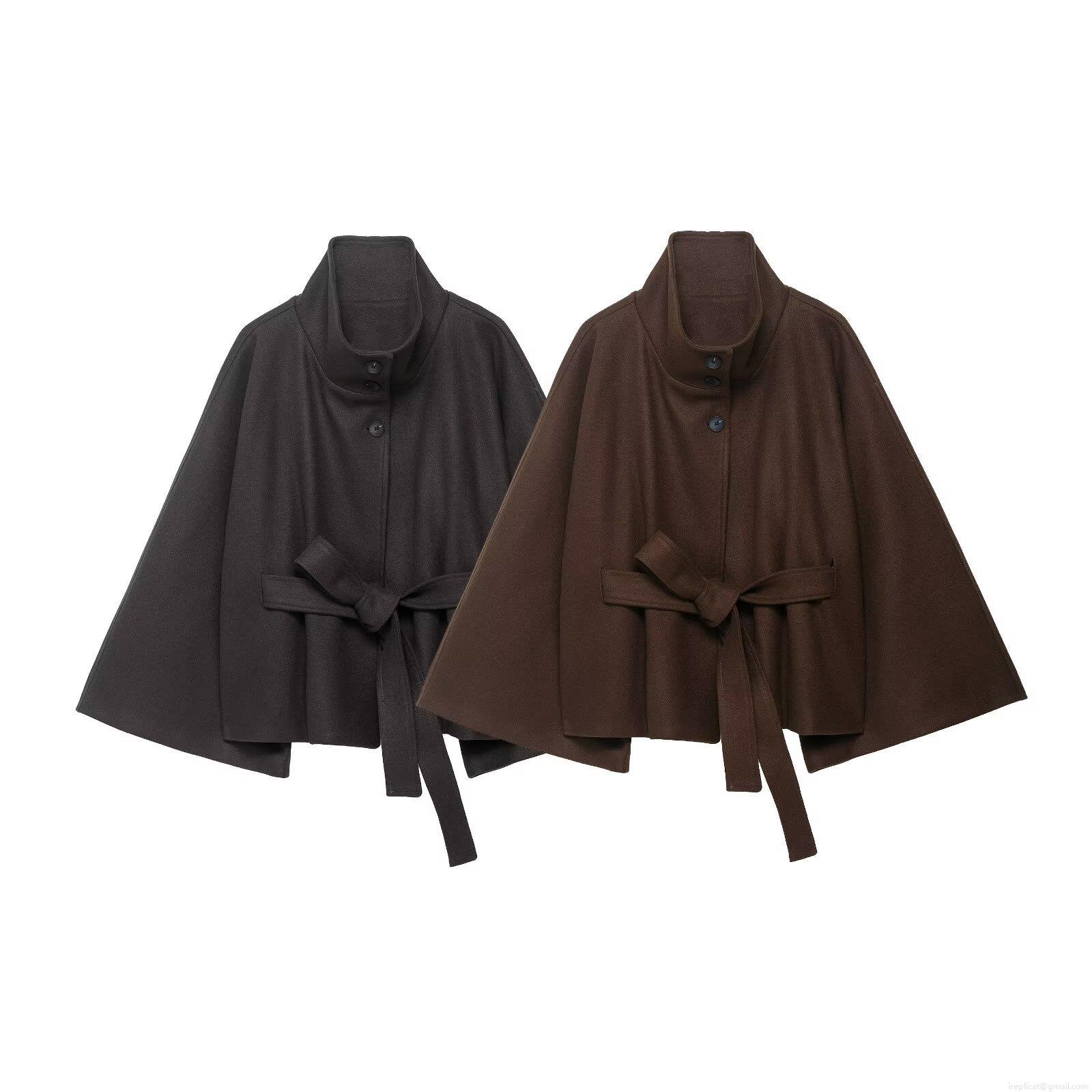 Women's Elegant 100% Polyester Cloak Coat Stand Collar Belted Wool-Like Cape Jacket Solid Color Long Sleeve Outerwear For Office Commute Autumn Fashion Lady Warm Trench Coat