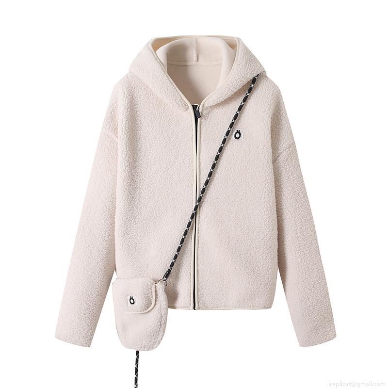 Women's Fashion Hooded Sherpa Fleece Jacket With Matching Mini Bag Zip Up Long Sleeve Casual Warm Loose Outerwear Coat For Autumn Winter