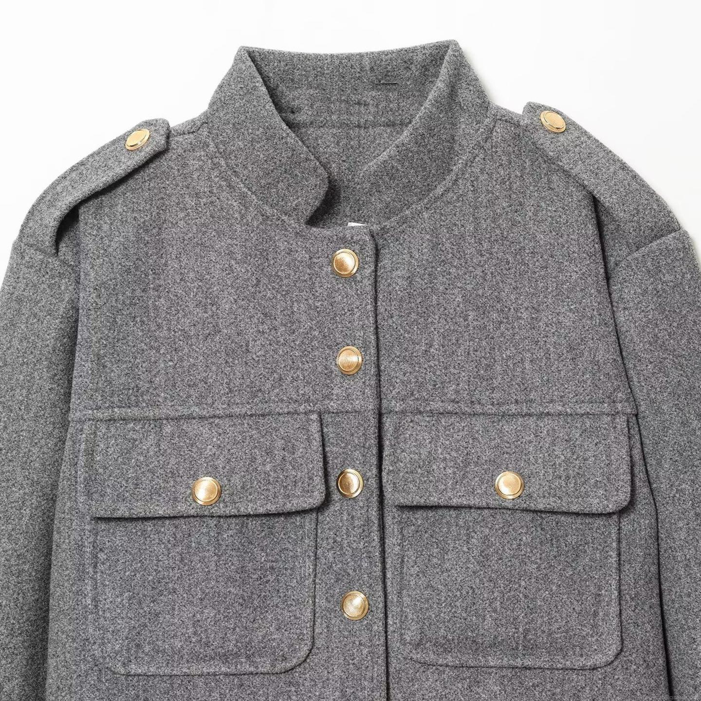 Women's Elegant Wool Blend Short Jacket Elegant Stand Collar Solid Color Coat With Gold Buttons Commute Casual Outerwear For Women Lady