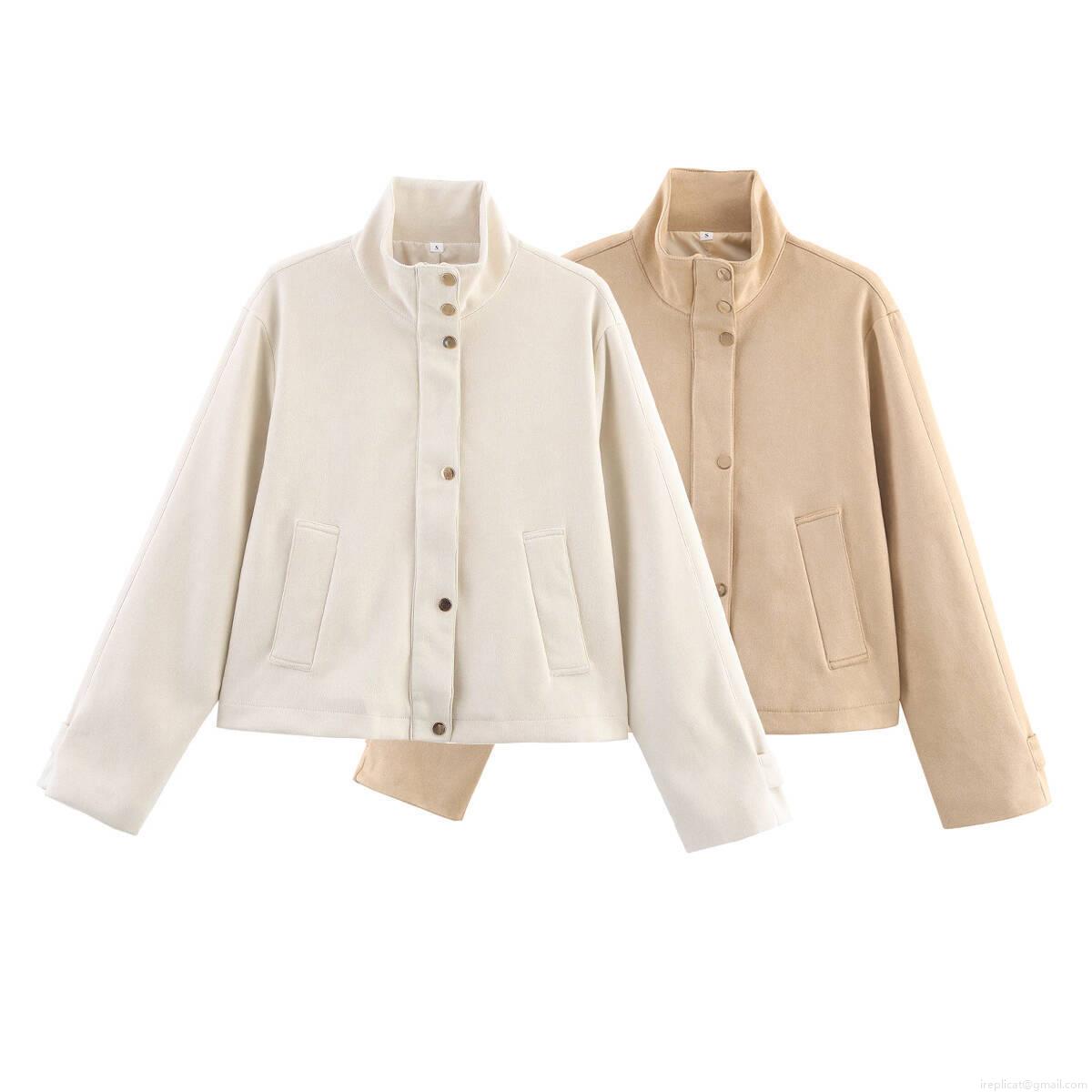 Women's Retro Stand Collar Suede Jacket Elegant Solid Color Short Casual Coat With Pockets Vintage Niche Outerwear For Daily Work Party