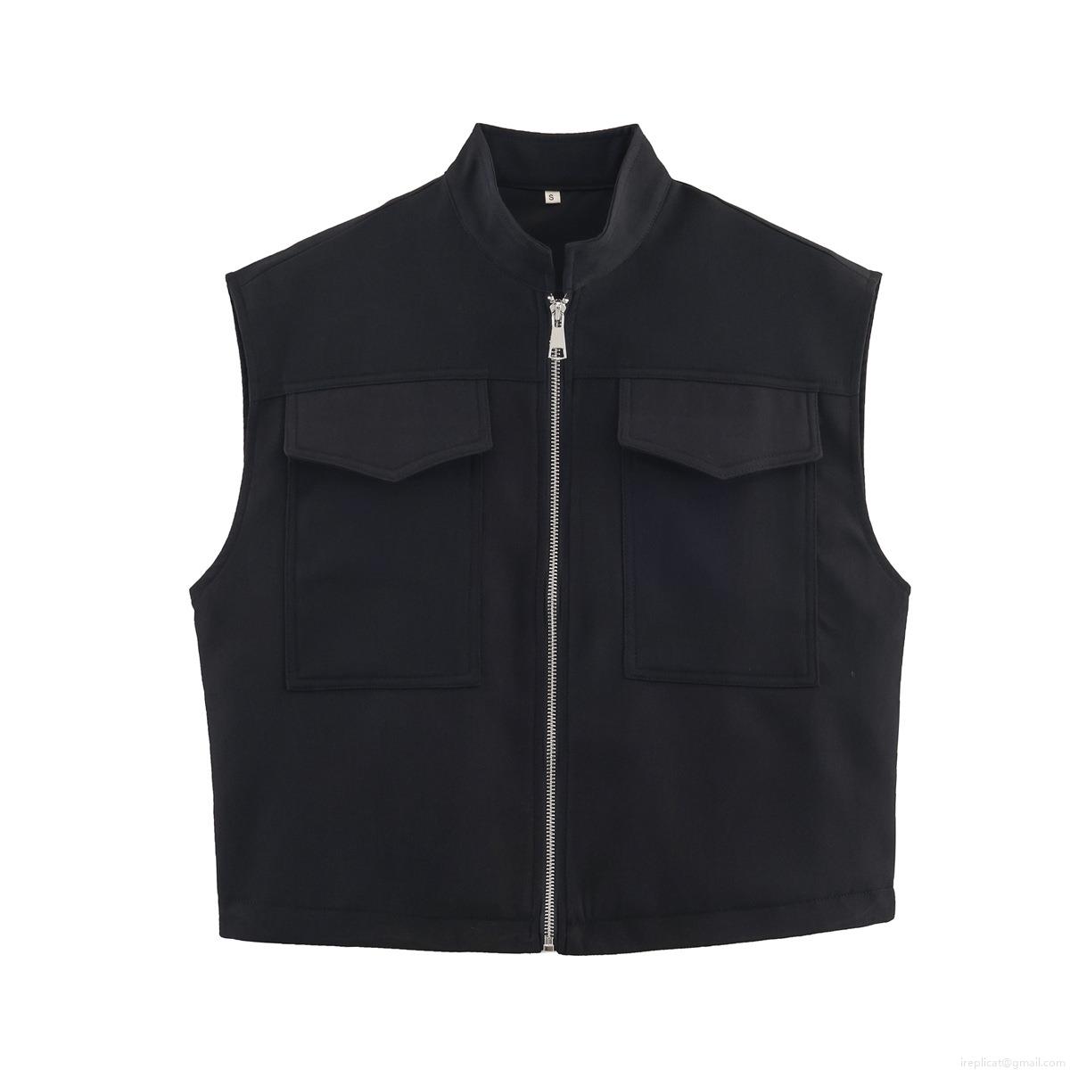 Women's Fashion Utility Vest Stand Collar Sleeveless Jacket Solid Color 100% Polyester Zipper Pockets Casual Outwear Basic Minimalist Style for Women