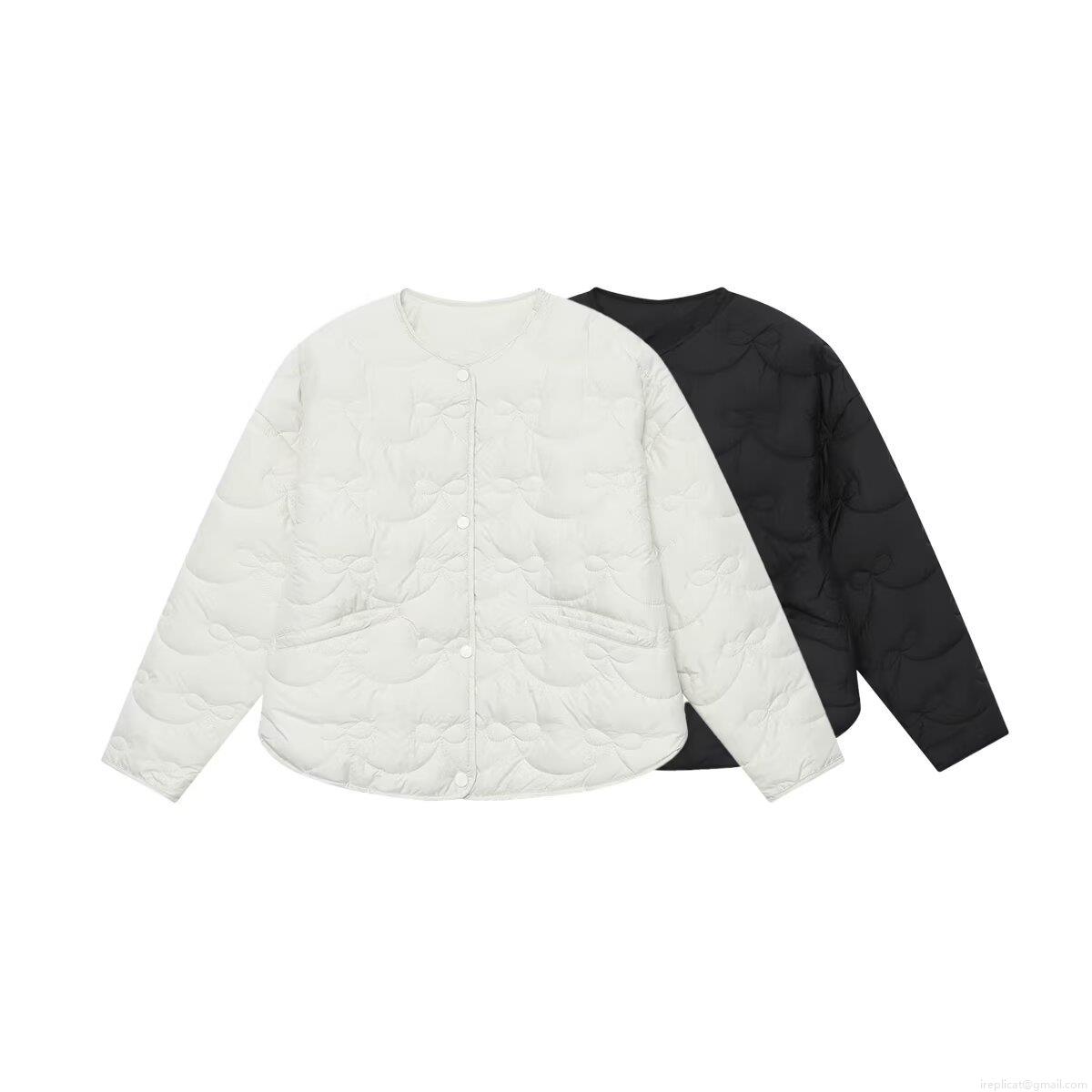 Women Casual Bow Quilted Short Cotton Jacket Lightweight Round Neck Single Breasted Padded Coat Warm Fall Winter Outwear For Women