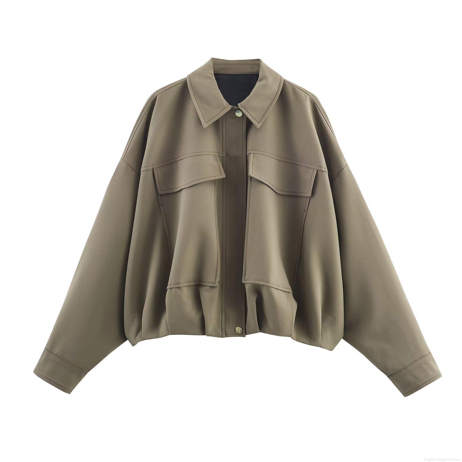 Women's Casual Bomber Jacket Polyester Spandex Workwear Style Drop Shoulder Outerwear With Large Pockets Zipper Turn-down Collar Loose Fit Short Coat For Autumn Daily Fashion