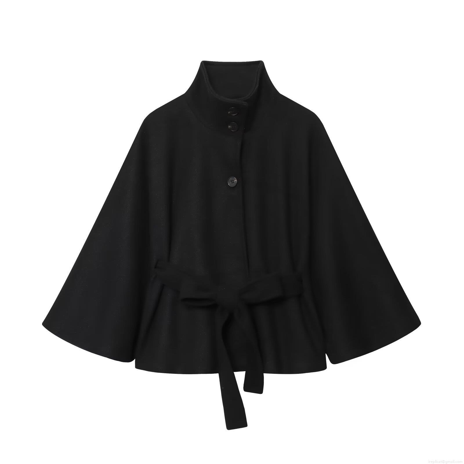 Women Elegant High Neck Belted Cape Coat Fashion Solid Color Stand Collar Woolen Poncho Jacket With Button For Office Casual Party Autumn Winter