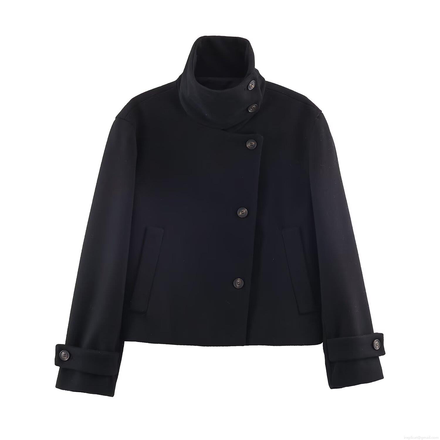 Women's French Retro Stand Collar Short Coat Fashion Solid Color Single Breasted Woolen Jacket For Office Casual Winter Autumn Outwear