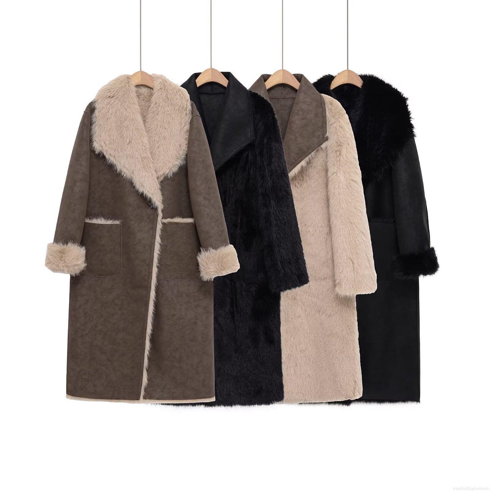 Women's Loose Faux Shearling Fur Coat Long Faux Suede Winter Jacket With Large Lapel Collar Warm Solid Color Elegant Outerwear For Ladies