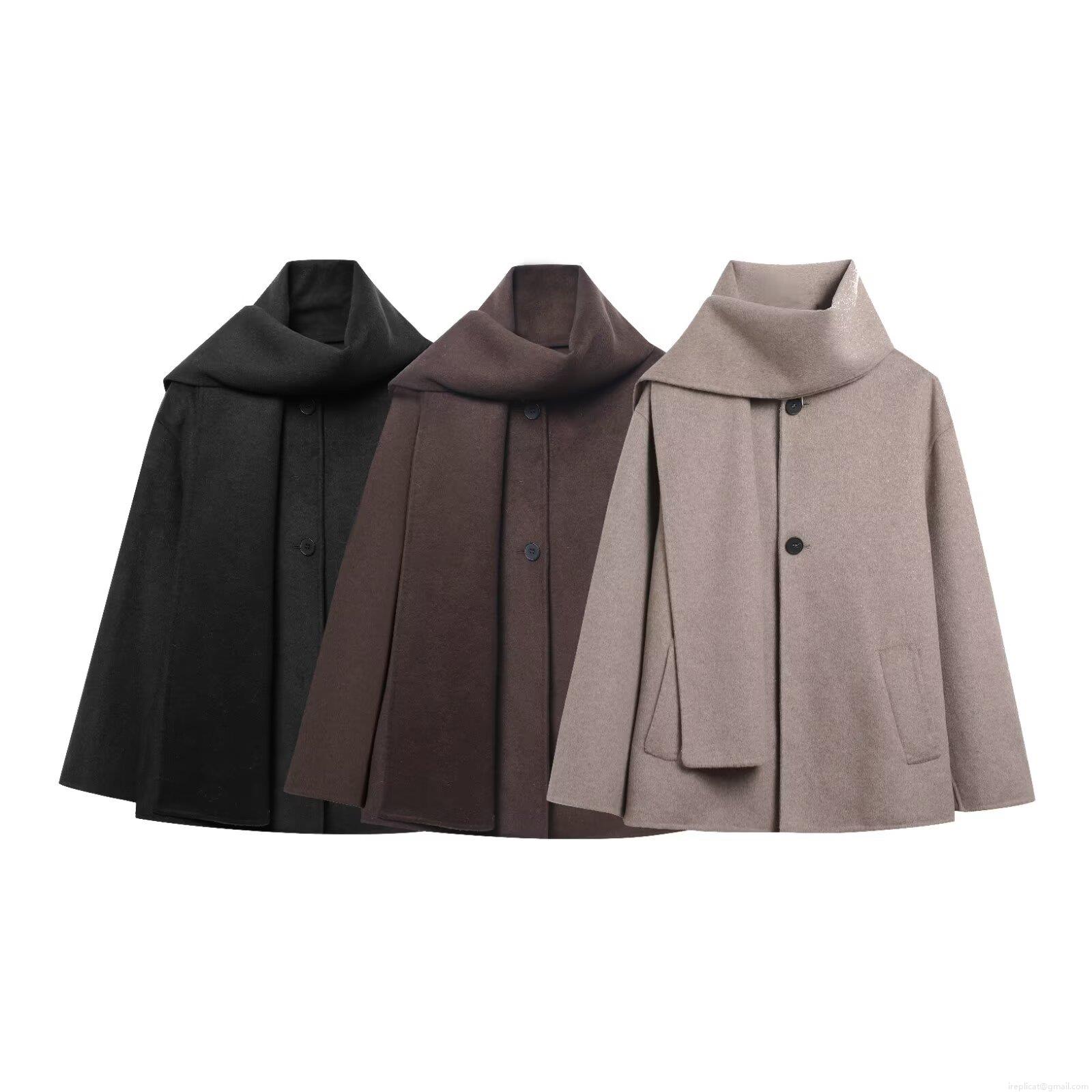 Women's Fashion Elegant Scarf Collar Woolen Coat Loose Single Breasted Short Jacket Outerwear With Pockets For Winter Autumn Ladies