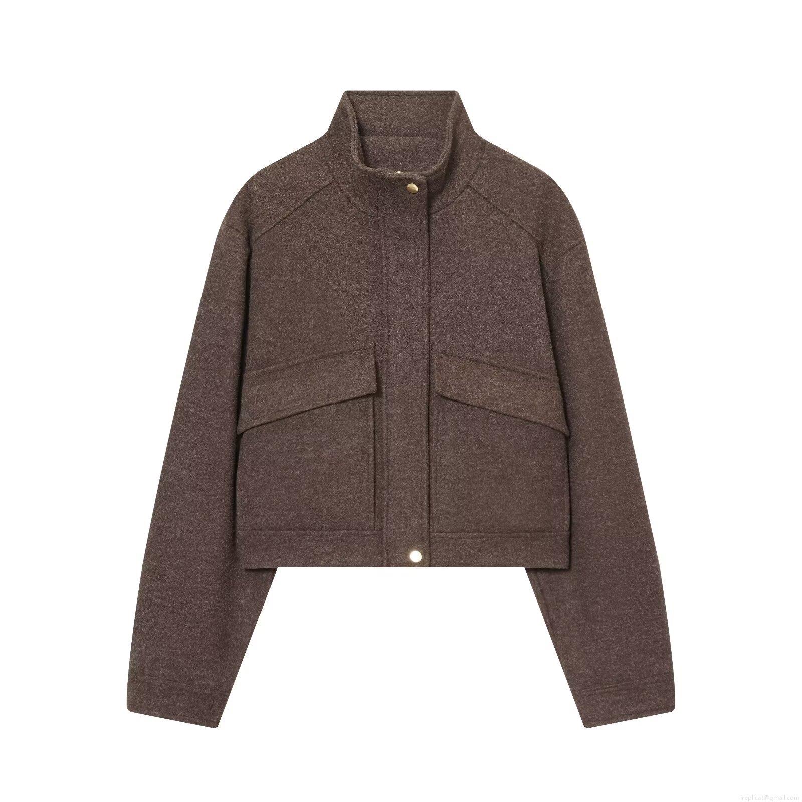 Women Fashion Simple Stand Collar Short Jacket Coat Warm Woolen Texture Solid Color Outwear With Gold Buttons For Winter Daily Office Wear