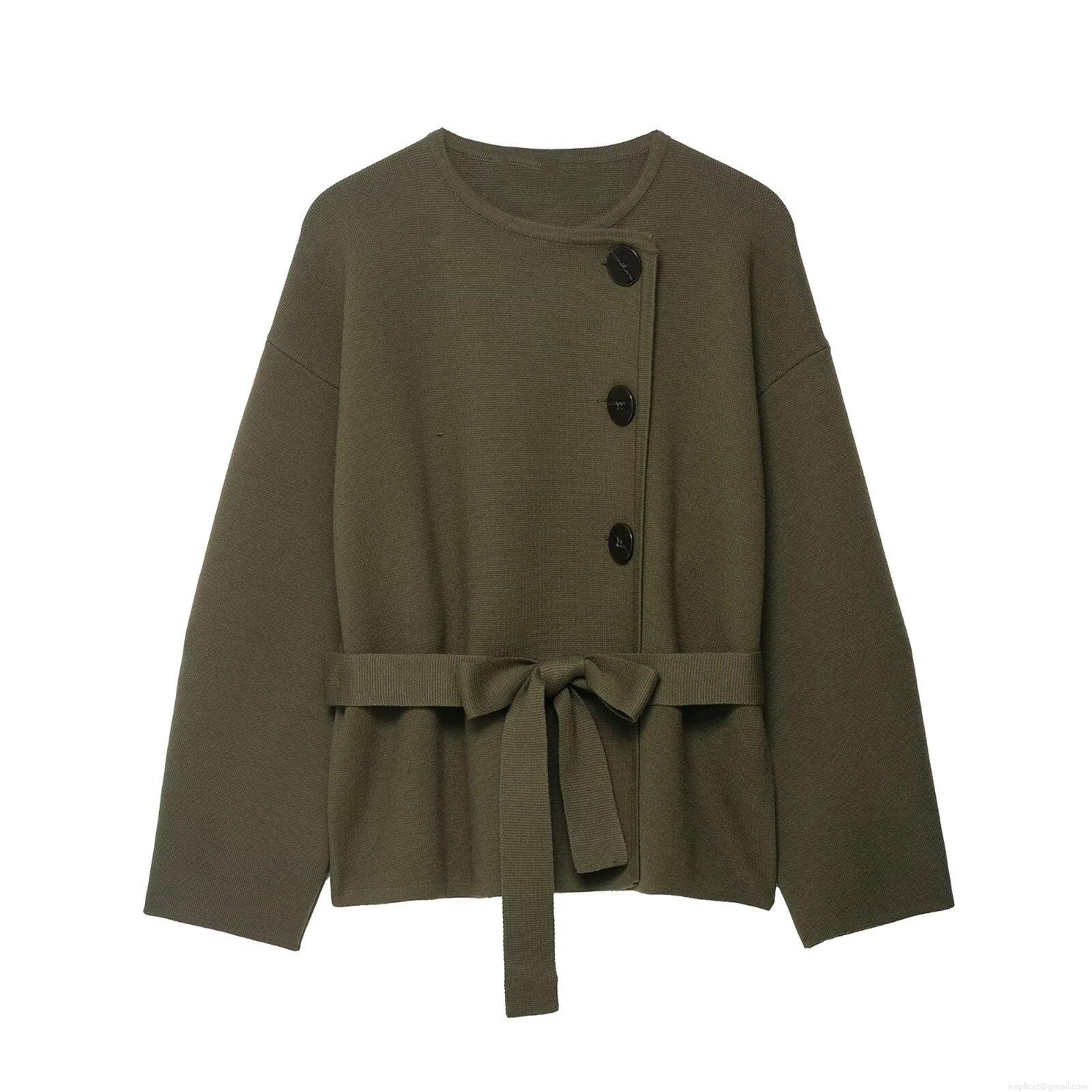 Women's Fashion Knitted Jacket With Belt Round Neck Solid Color Single Breasted Long Sleeve Casual Knitwear Short Coat Outerwear For Winter Ladies