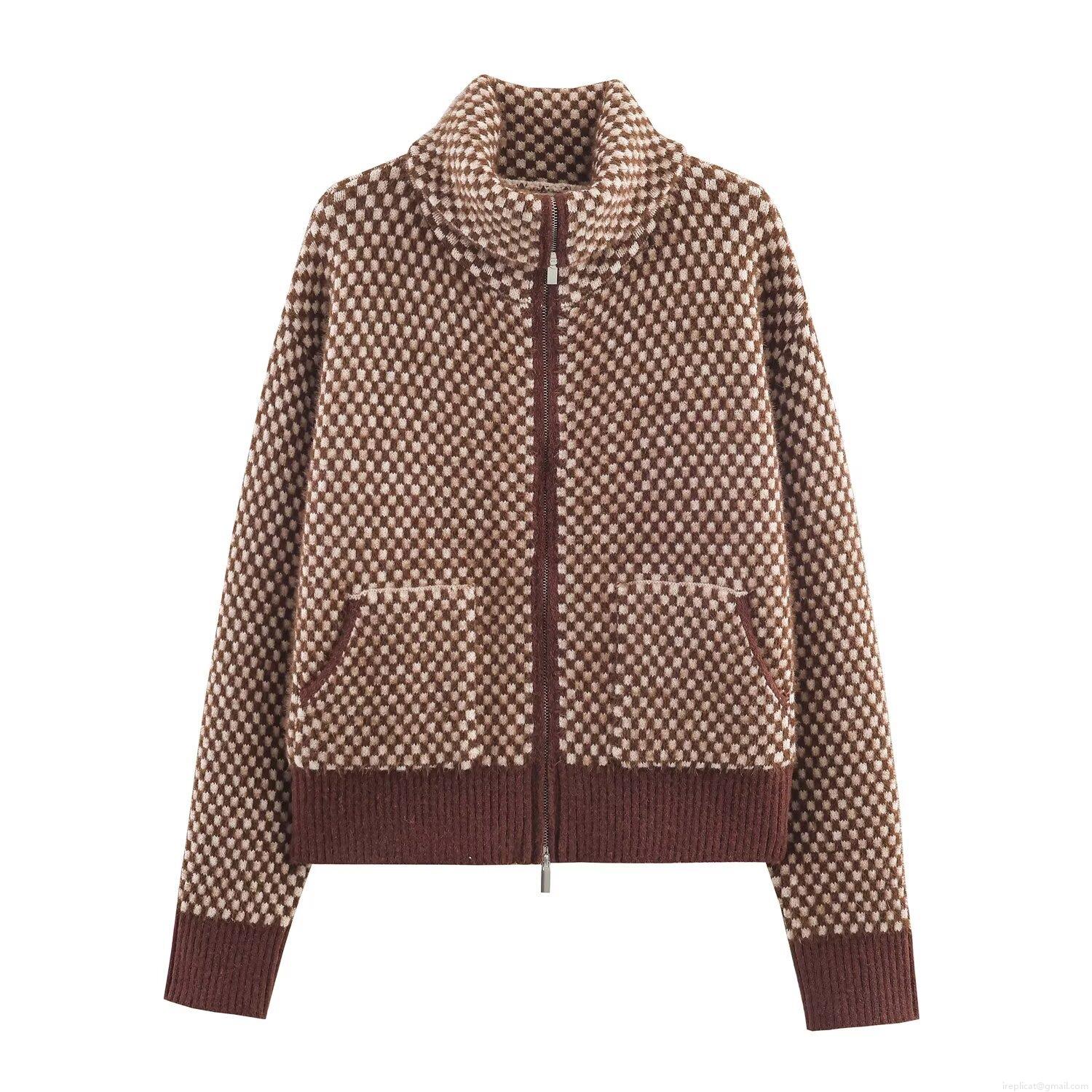 Women's Vintage Chessboard Plaid Knit Bomber Jacket High Neck Zipper Cardigan Warm Long Sleeve Outerwear Coat For Winter Casual