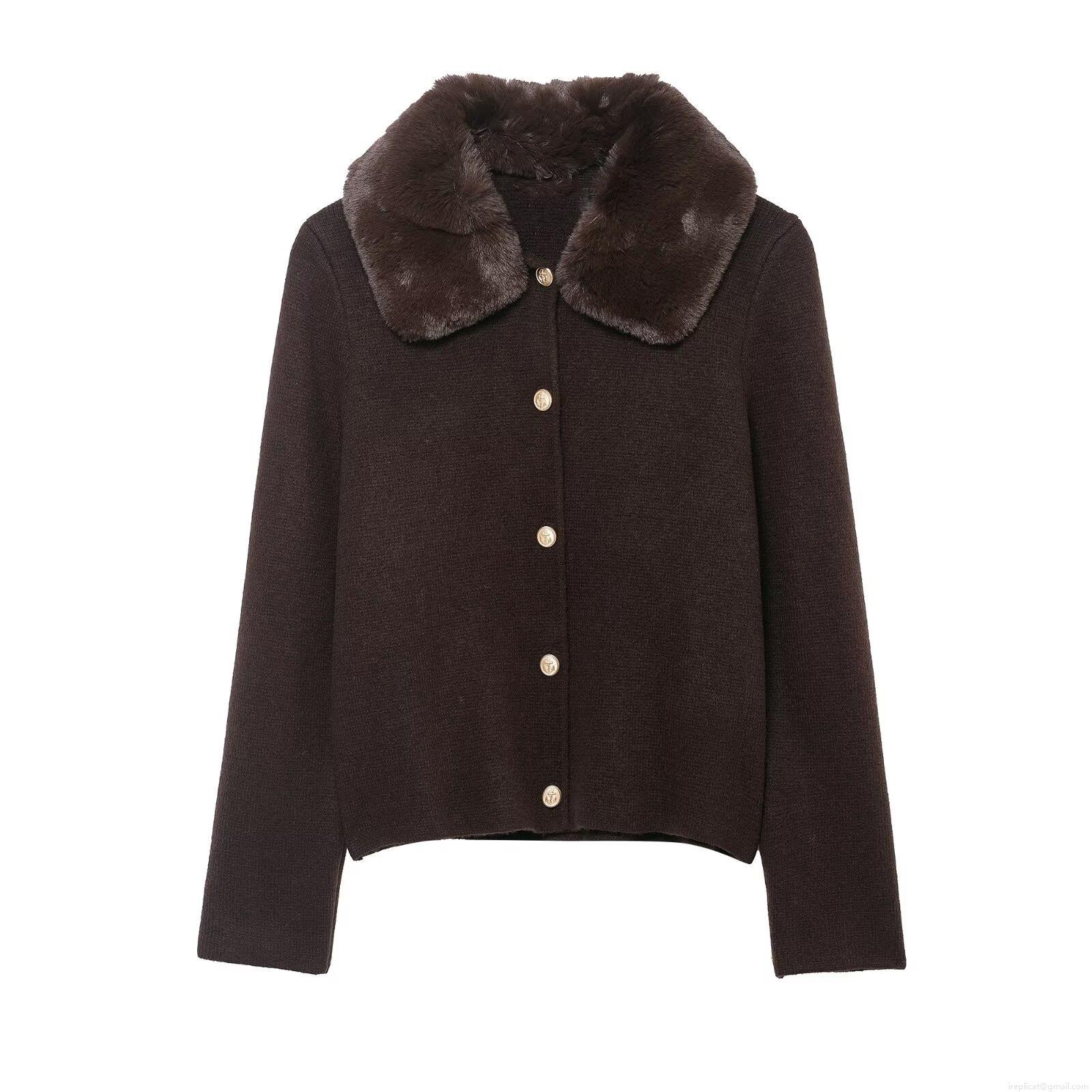 Women's Fashion Winter Knit Coat With Faux Fur Collar Metal Embossed Buttons Single Breasted Long Sleeve Solid Coffee Brown Cardigan Sweater Jacket For Women