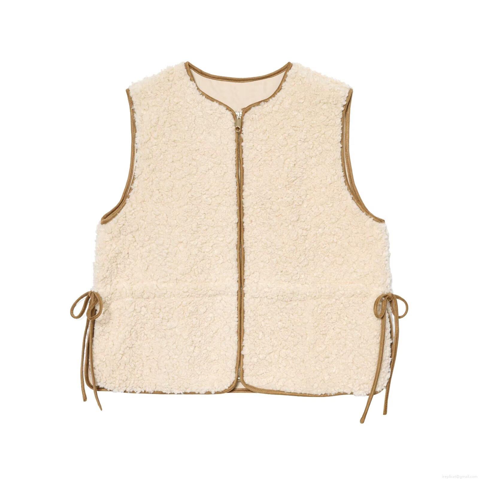 Women Fashion Lambswool Vest Beige Solid Color Sweet Zip Up Sleeveless Jacket With Adjustable Drawstring Waist Winter Warm Fleece Outerwear