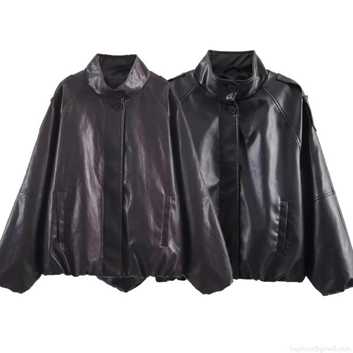 Women's Faux Leather Jacket Retro Stand Collar PU Zip Up Bomber Outerwear Streetwear Solid Color Oversized Casual Coat for Lady