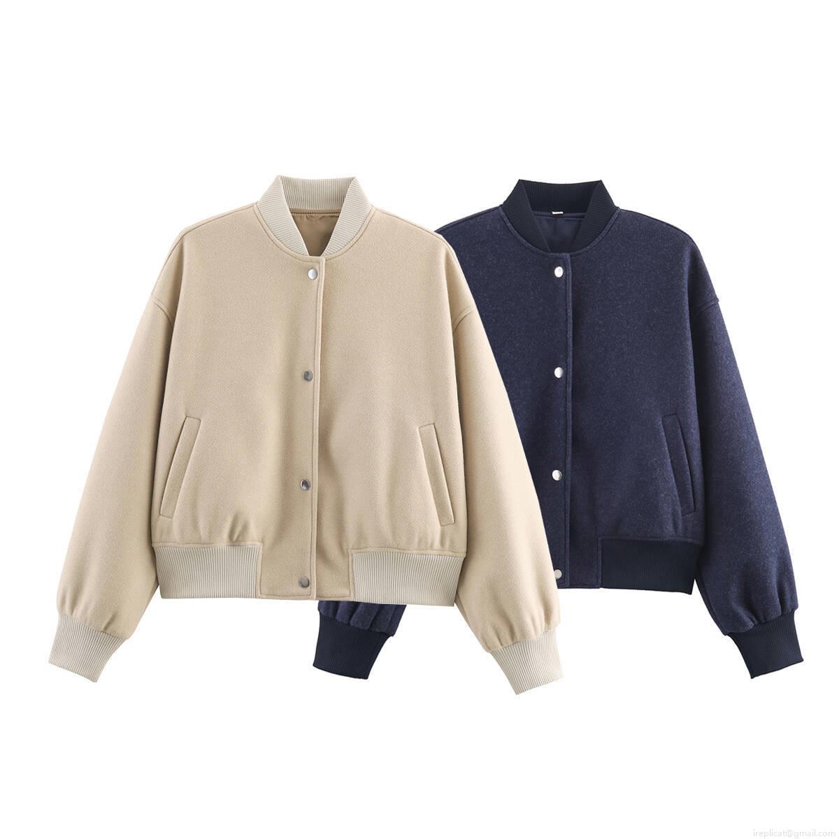 Women's Casual Oversized Wool-like Bomber Jacket Thick Polyester Solid Color Outerwear With Metal Buttons And Ribbed Cuffs For Streetwear