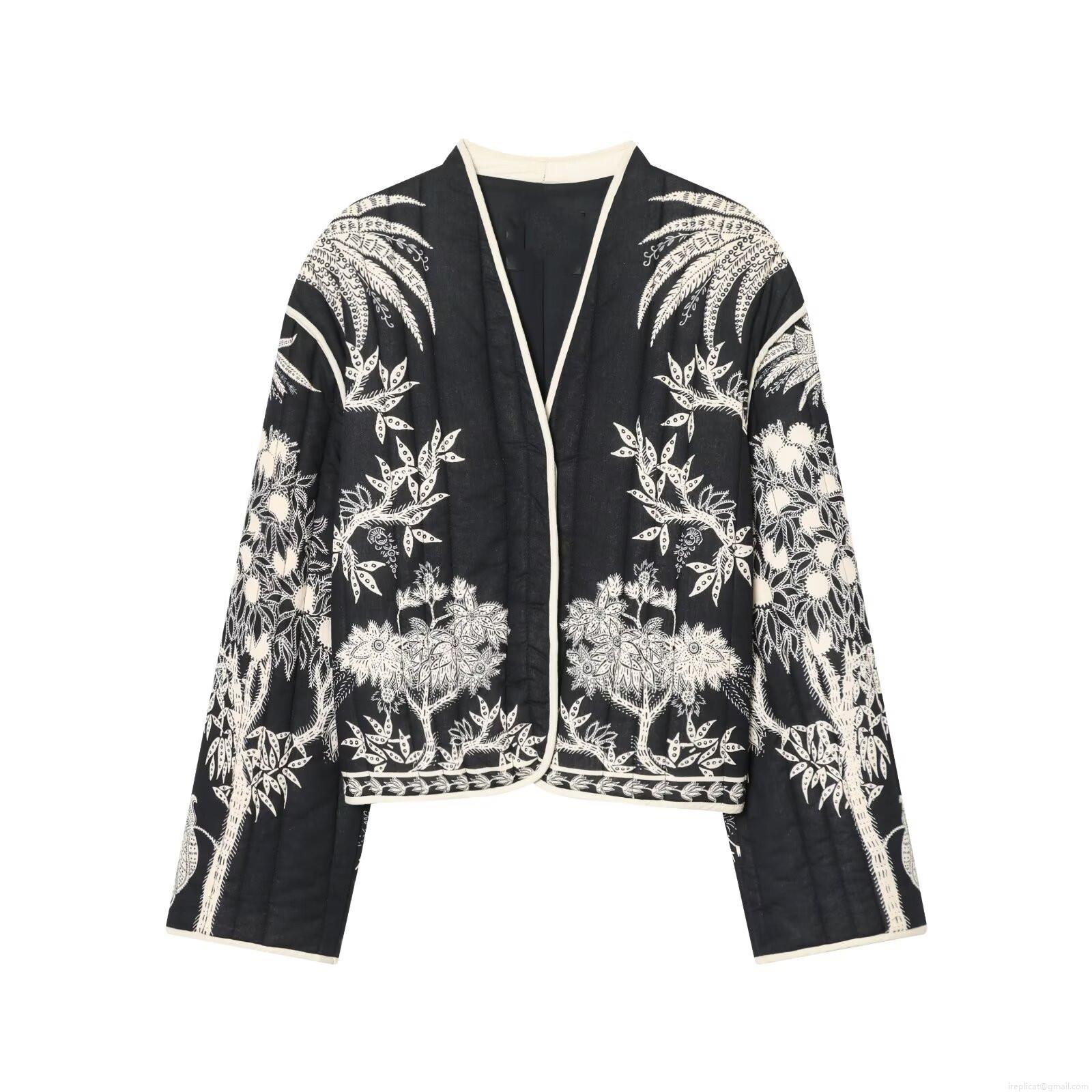 Women's V-Neck Quilted Jacket Loose Floral Palm Tree Print Casual Outerwear With Concealed Snaps Long Sleeve Warm Winter Fashion Coat