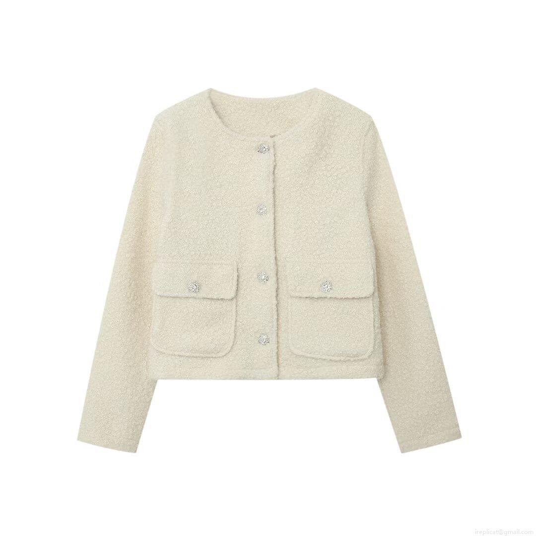 Elegant Women's Milky White Bouclé Faux Lambswool Jacket Round Neck Long Sleeve Short Outerwear With Rhinestone Buttons Pockets For Winter Fashion Commute