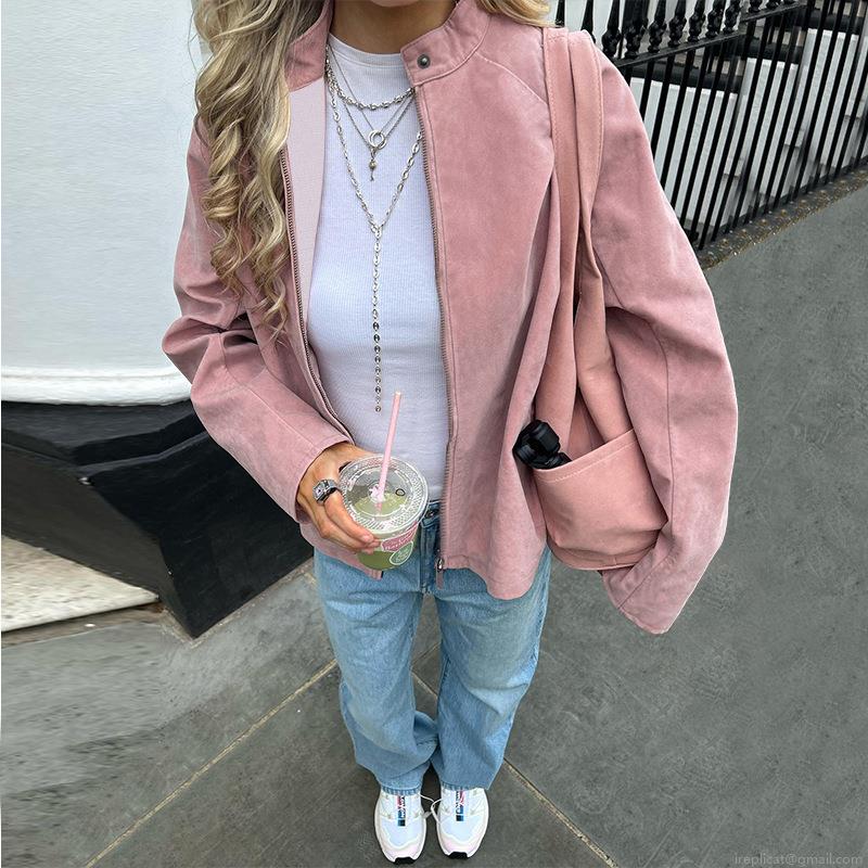 Women's Casual Faux Suede Jacket Loose Stand Collar Long Sleeve Zipper Outwear Autumn Winter Solid Color Warm Stitching Fashion Coat For Lady