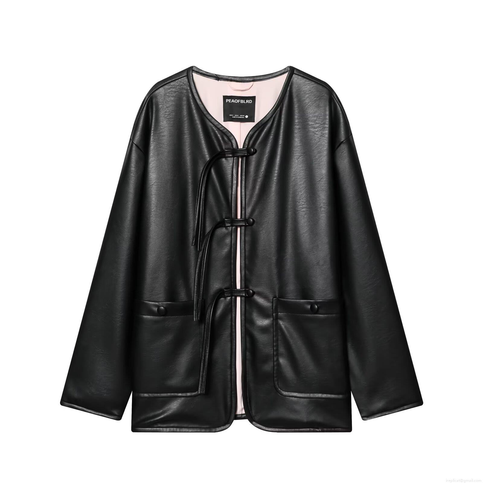 Women's New Chinese Style PU Leather Jacket Vintage Frog Button Closure Loose Long Sleeve Short Coat Solid Black Fashion Outerwear For Ladies