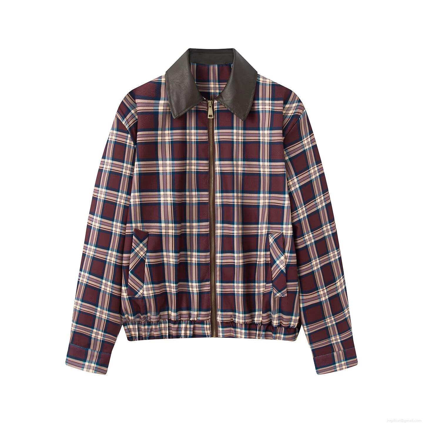 Women's Fashion Plaid Jacket Coat With PU Leather Contrast Collar Retro Streetwear Zipper Long Sleeve Outwear For Autumn Winter Ladies