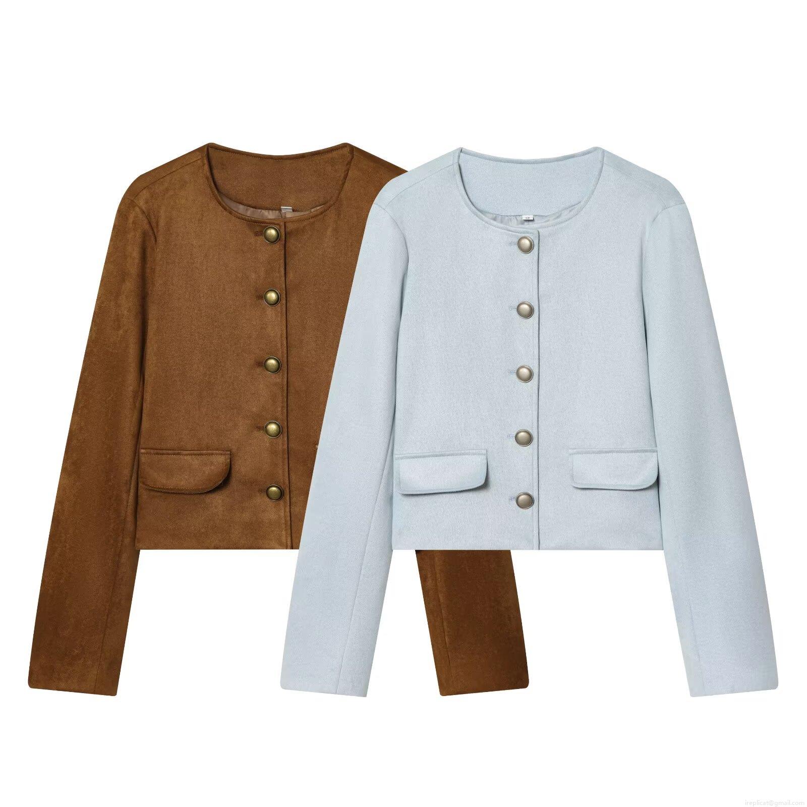 Women's Elegant Short Faux Suede Jacket Round Neck Single Breasted Metal Buttons Long Sleeve Solid Color Retro Casual Outwear Coat