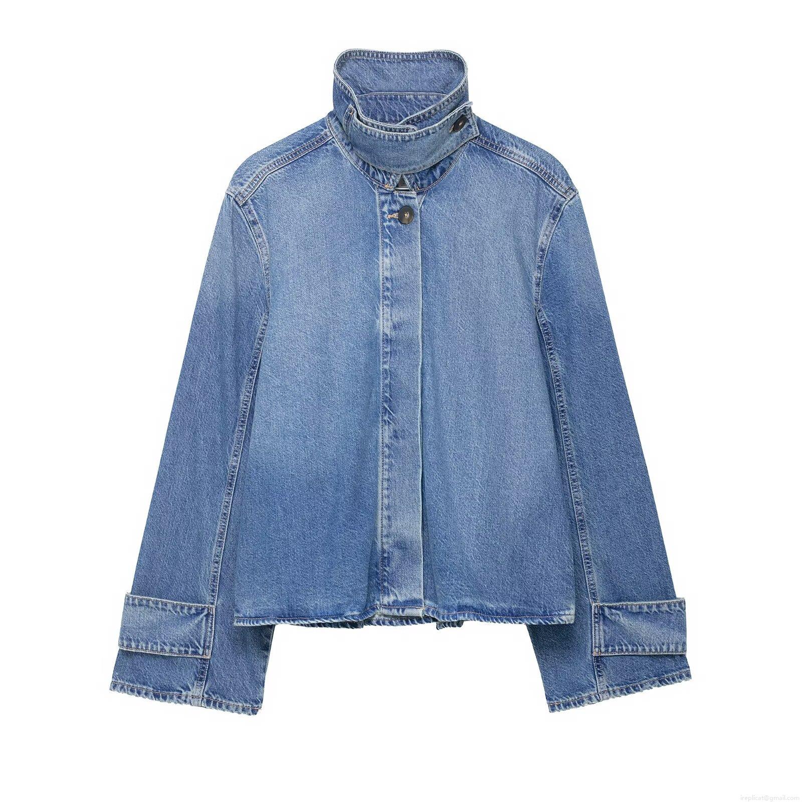 Women's Loose Denim Jacket High Standing Neck Washed Blue Cotton Blend Outerwear Casual Streetwear Fashion Long Sleeve Short Coat With Back Pleats