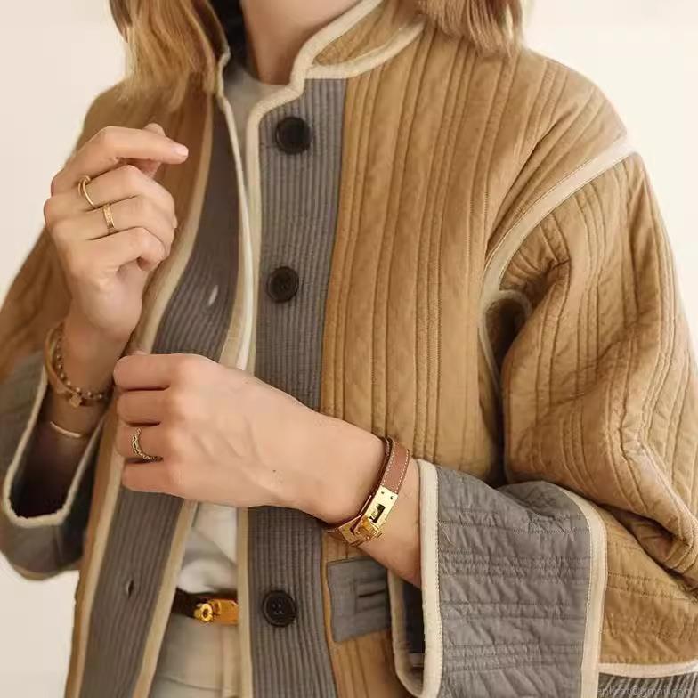 Women's Casual Quilted Colorblock Jacket Short Cropped Padded Coat Contrast Trim Button Down Outerwear Autumn Winter Ladies Fashion Jacket