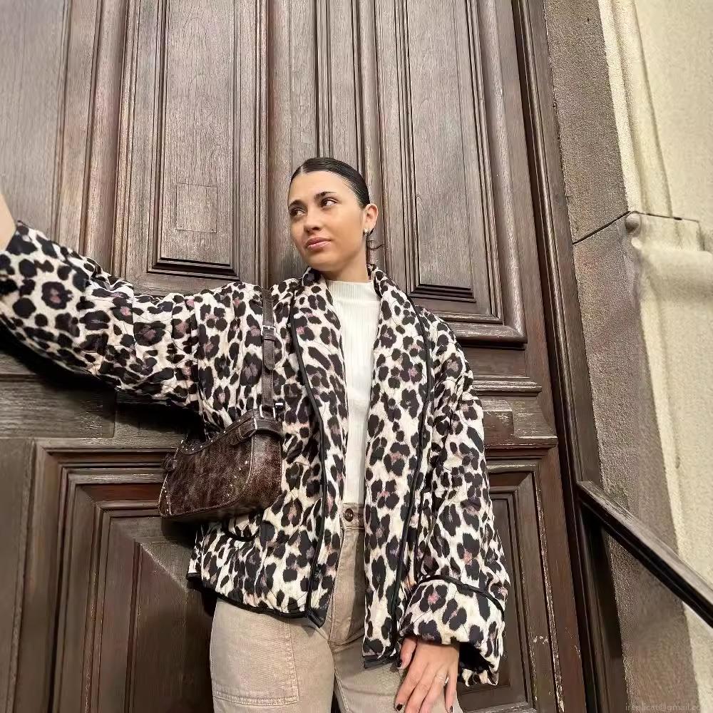 Women Fashion Leopard Print Quilted Jacket Casual Loose Long Sleeve Pockets Lightweight Cardigan Coat For Autumn Winter Streetwear