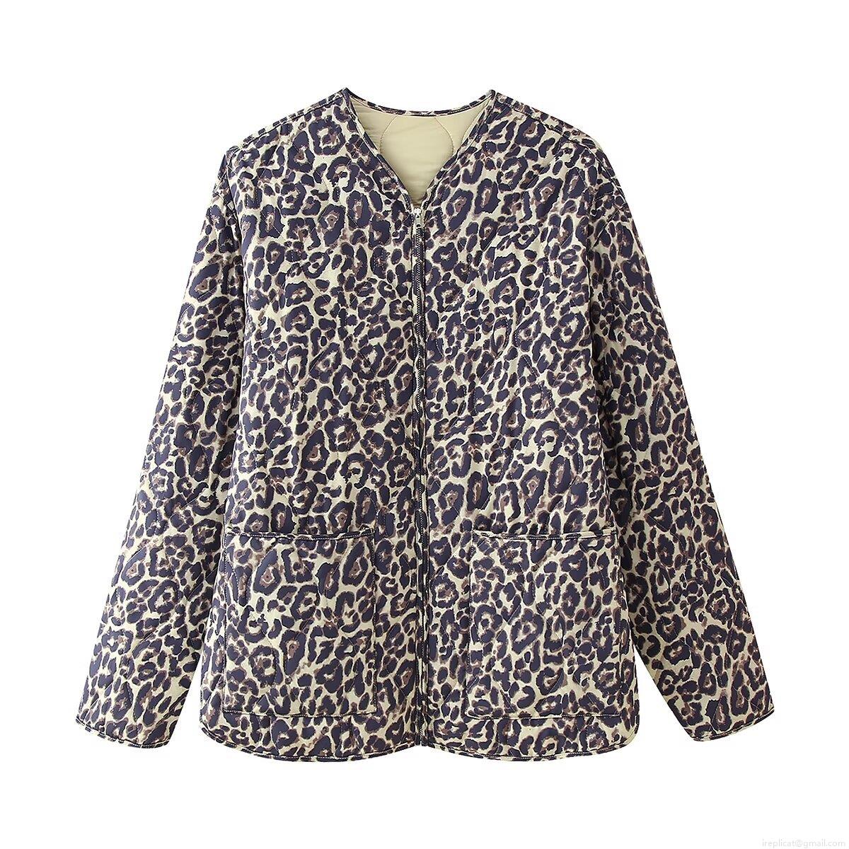 Women's Casual Leopard Print Quilted Jacket Round Neck Zipper Coat With Pockets Lightweight Warm Puffer Outerwear For Autumn Winter