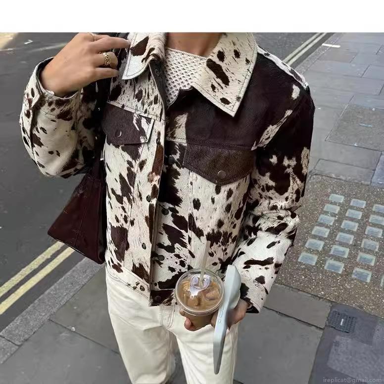 Women Cow Print Lapel Short Jacket Faux Fur Texture Long Sleeve Single Breasted Coat Casual Streetwear Autumn Fashion Outwear