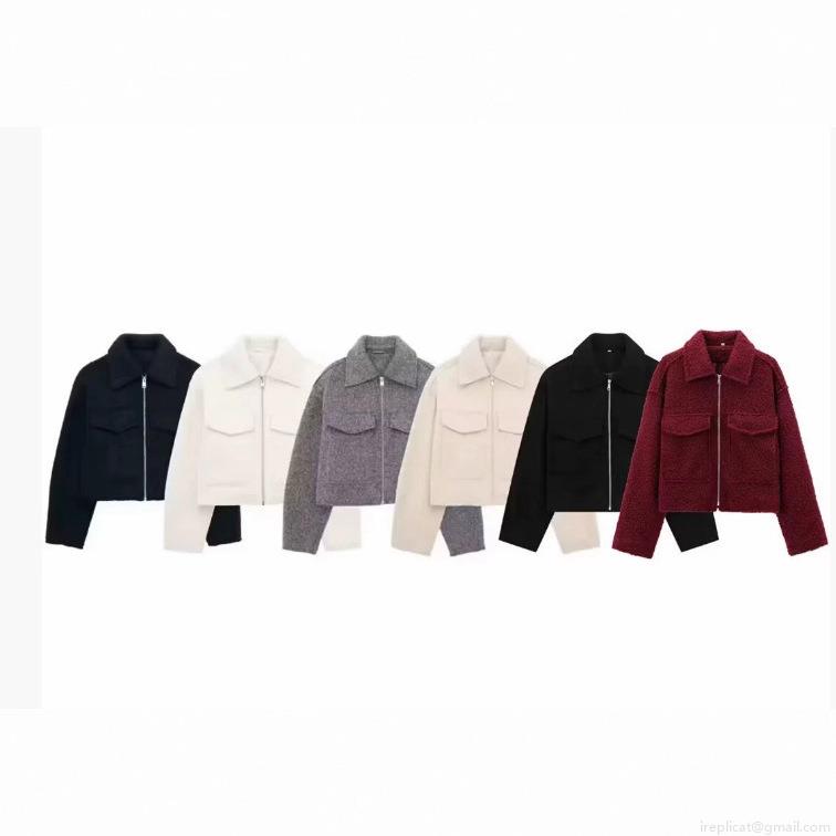 Women's Short Jacket Woolen Fleece Zipper Up Coat With Flap Pockets Casual Autumn Winter Outerwear Fashion Loose Fit Lady Soft Solid Color Warm Lapel Top