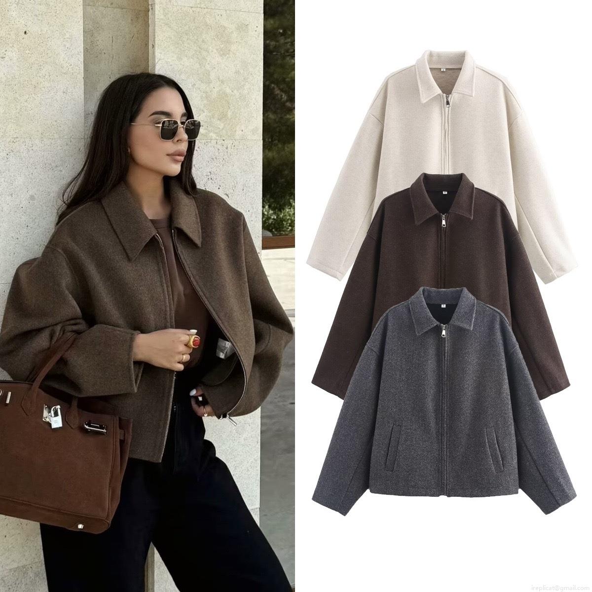 Women's Retro Short Woolen Look Jacket Zipper Long Sleeve Turn-down Collar Loose Fit Bomber Coat Polyester Autumn Casual Outerwear for Women