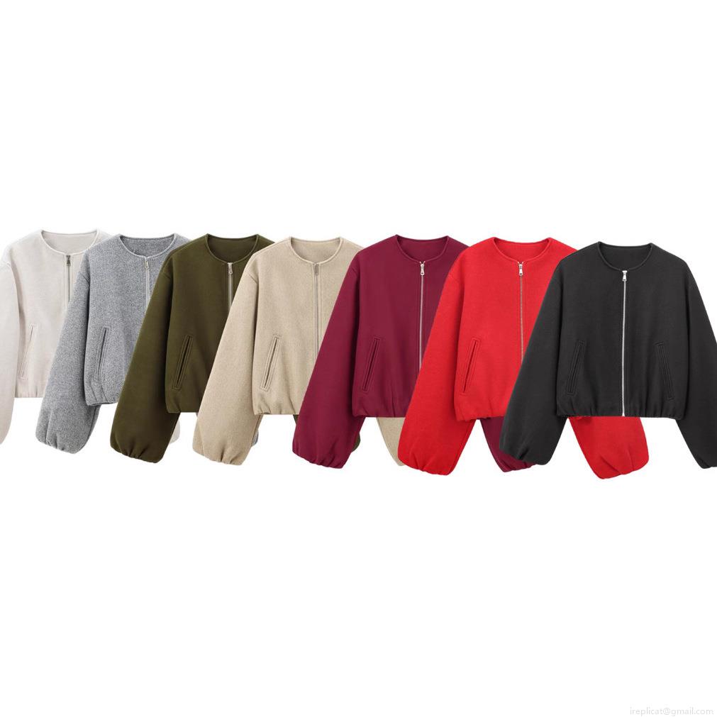 Women's Casual Soft Bomber Jacket Zip Up Round Neck Lantern Sleeve Loose Fit Solid Color Pilot Outerwear Streetwear Jacket for Women