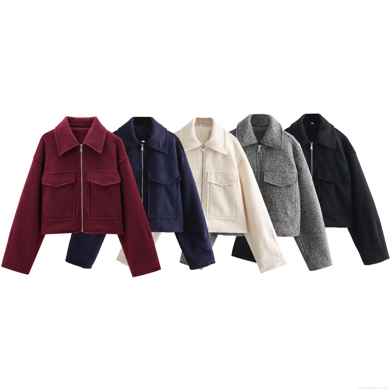 Women's Casual Short Bouclé Woolen Jacket Coat Zipper Closure Lapel Collar Loose Fit Fashion Outwear with Pockets for Autumn Winter