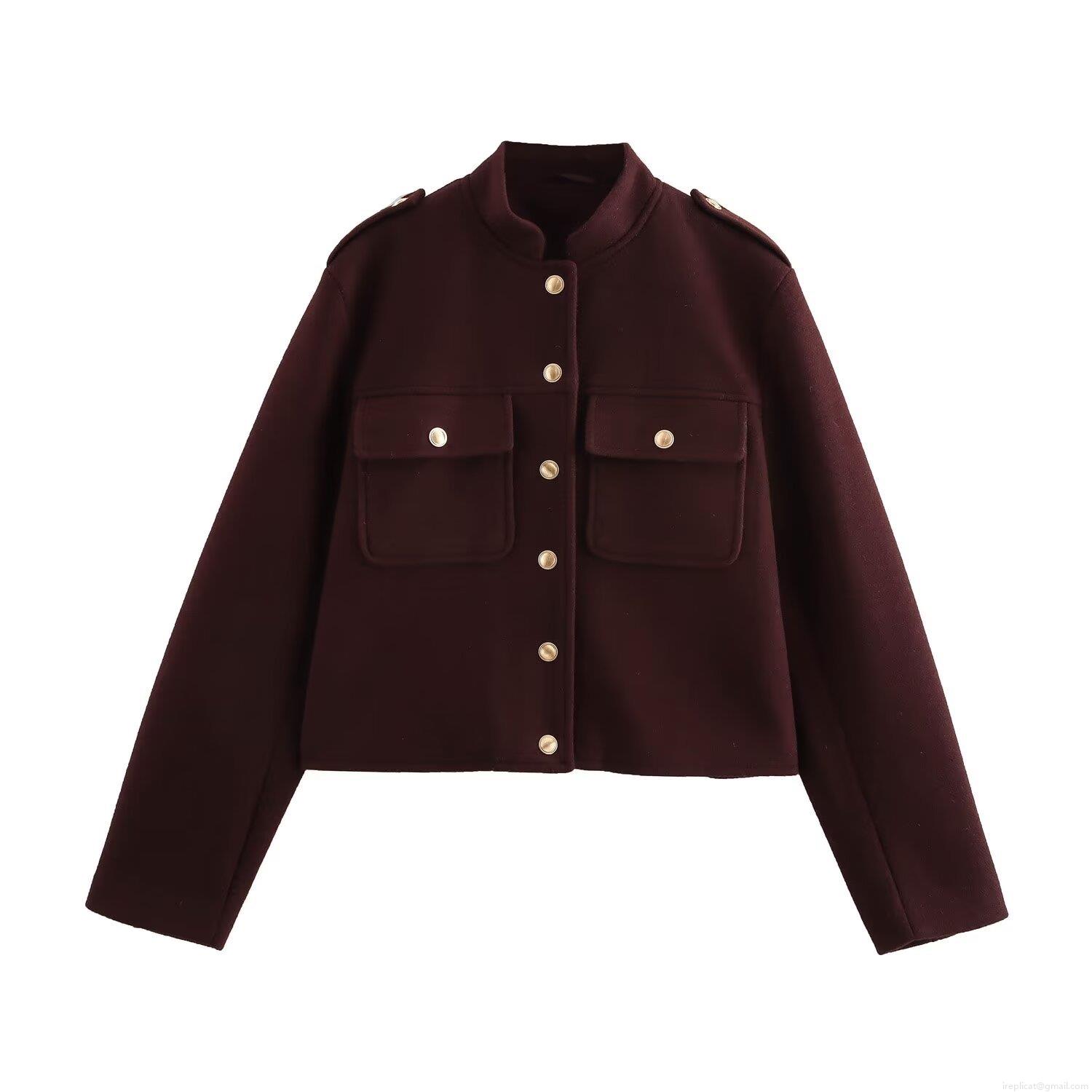 Women's Cropped Woolen Jacket Square Neck Long Sleeve Outerwear With Golden Buttons Solid Reddish Brown Casual Coat For Women Fall Winter