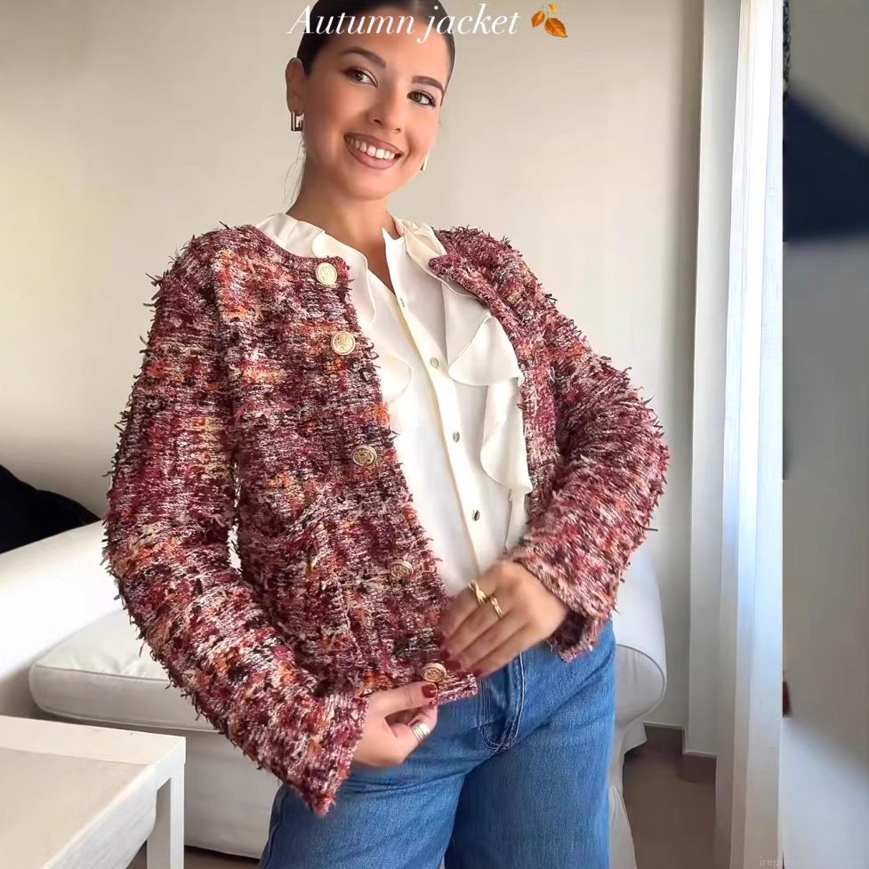 Women's Vintage Tweed Jacket Plaid Long Sleeve Button Down Cardigan Round Neck Short Outerwear For Office Daily Elegant Fall Winter Coat