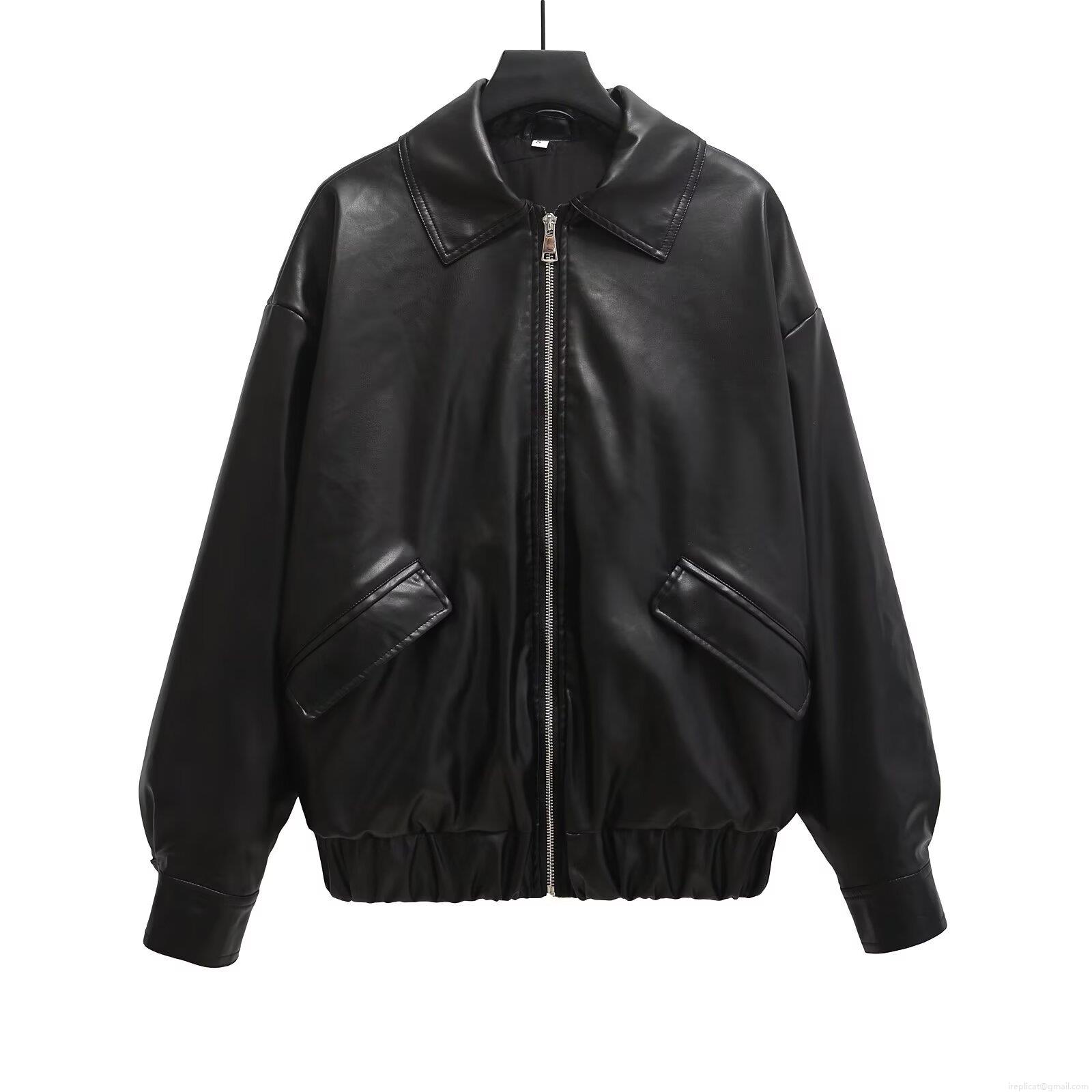 Women's Loose Faux Leather Jacket Casual PU Leather Bomber Coat with Metal Zipper Solid Black Long Sleeve Outerwear for Streetwear