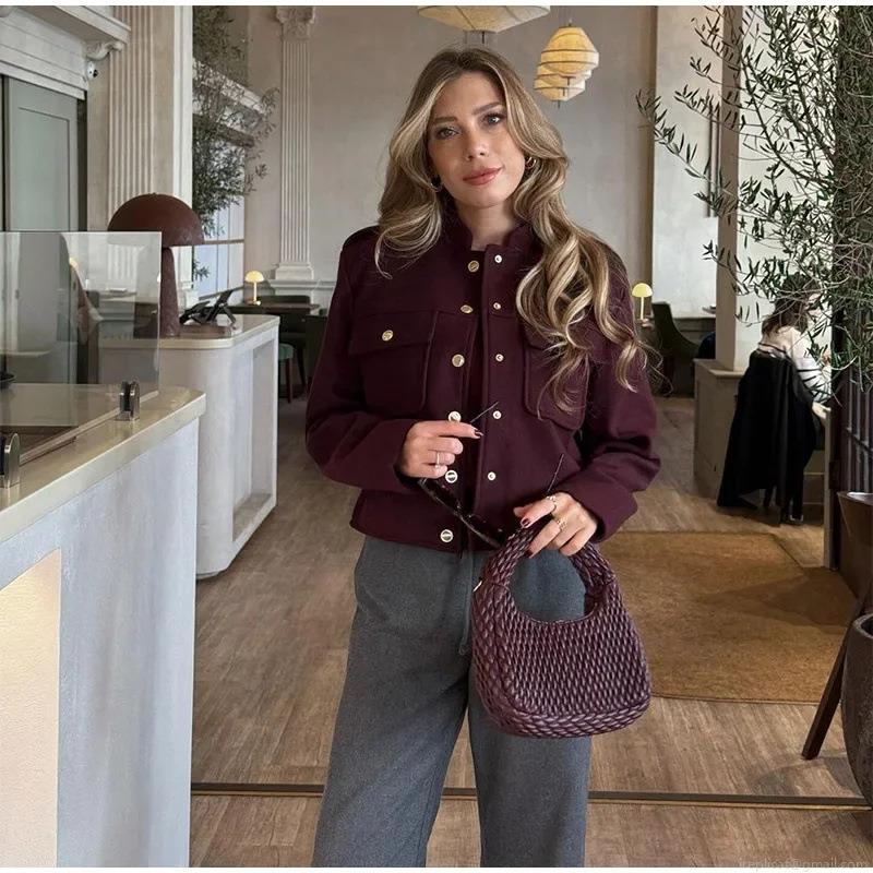 Women's Vintage Wine Red Woolen Short Jacket Elegant Stand Collar Double Breasted Coat Slim Fit Utility Workwear Jacket With Gold Metal Buttons For Office Commute Ladies