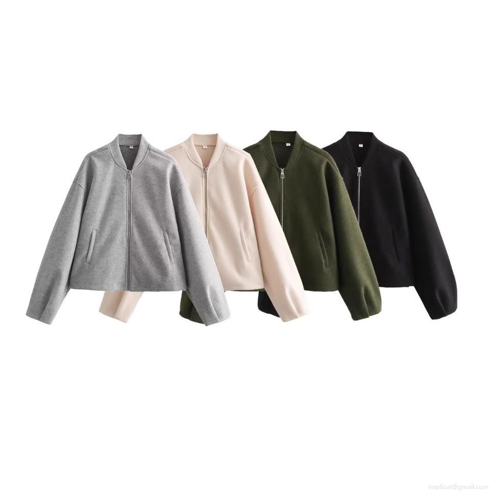 Women's Loose Bomber Jacket 100% Polyester Stand Collar Zipper Short Coat Casual Long Sleeve Outerwear For Daily Wear