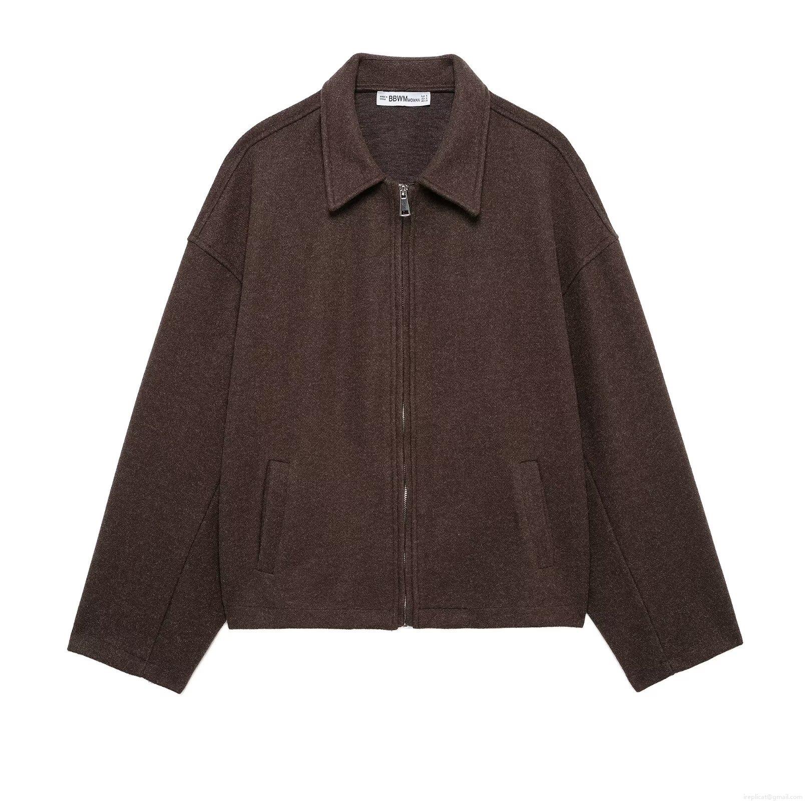 Women's Fashion Lapel Woolen Texture Zipper Jacket Short Solid Color Long Sleeve Coat Vintage Streetwear Warm Outerwear Women Autumn Winter