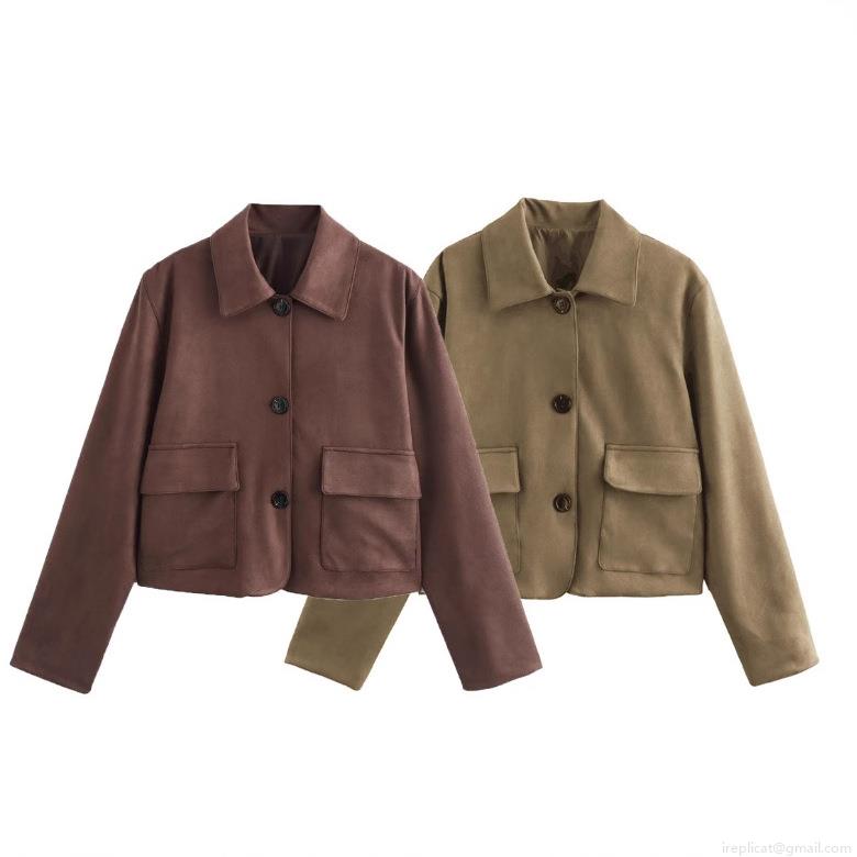 Women's Suede Velvet Jacket Retro Lapel Button Short Outerwear Autumn Winter Fashion Old Money Style Ladies Casual Coat With Large Pockets