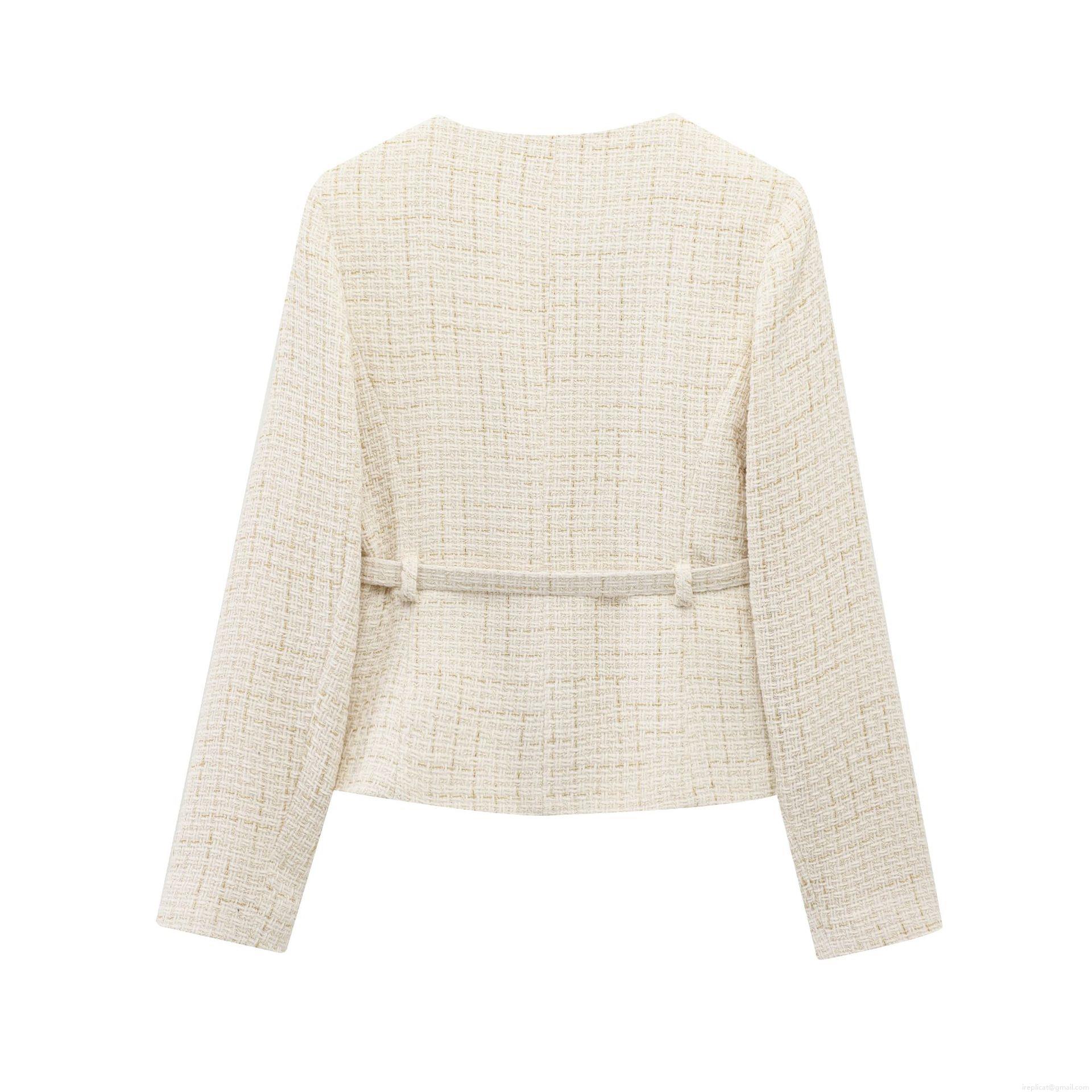 Elegant Women's Short Tweed Jacket With Belt And Gold Buttons Lapel Long Sleeve Cream White French Style Woven Outerwear Coat